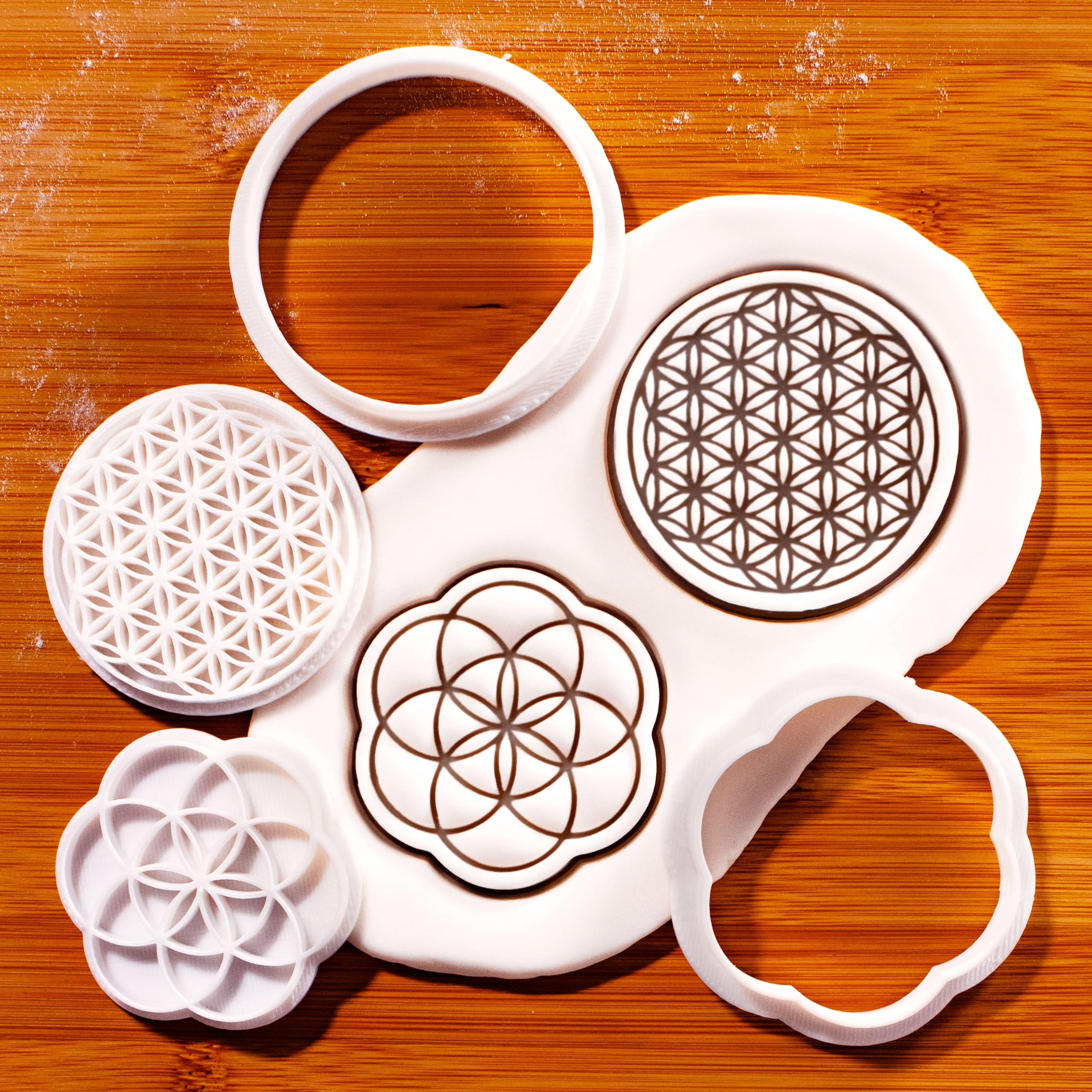 BAKERLOGY Set mit 2 Mini Keksausstecher & Stempel, Blume des Lebens und Saat des Lebens, Heilige Geometrie für Kekse, Fondant und Modelliermasse, Meditations-Thema, Ausstecher Ausstechform