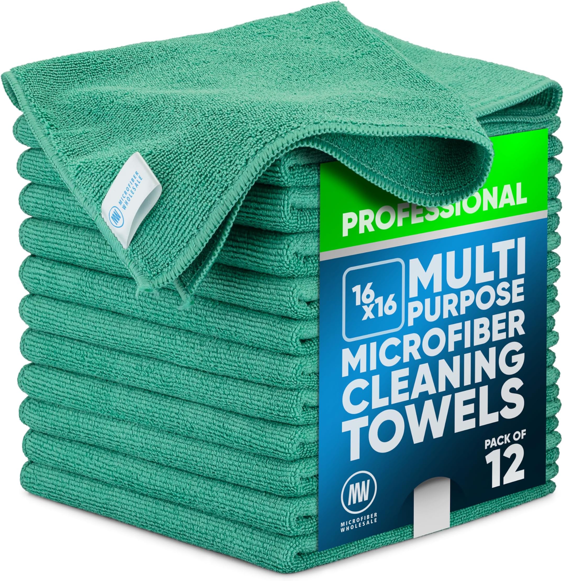 Microfiber Wholesale MW Pro 16x16 Microfiber Wash Cloths - Absorbent Kitchen Dish Rags & Counter Wipes - Heavy Duty Scrubbing Towels for Restaurants & Food Prep (Green, 12-Pack)