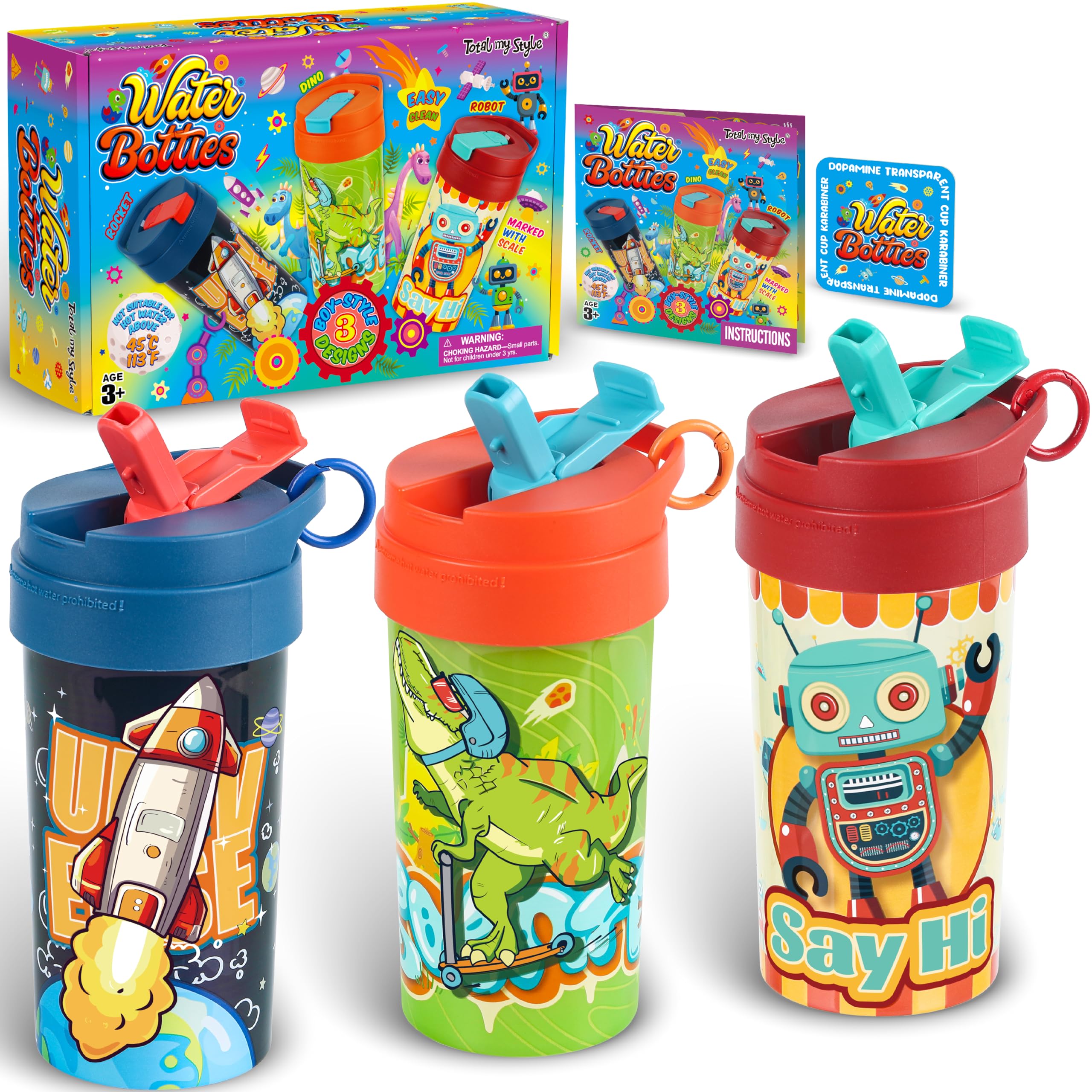 3 Packs Boy Designs 17oz Kids Water Bottle Total My Style Spout Covered and Carry Handle Designed Lid