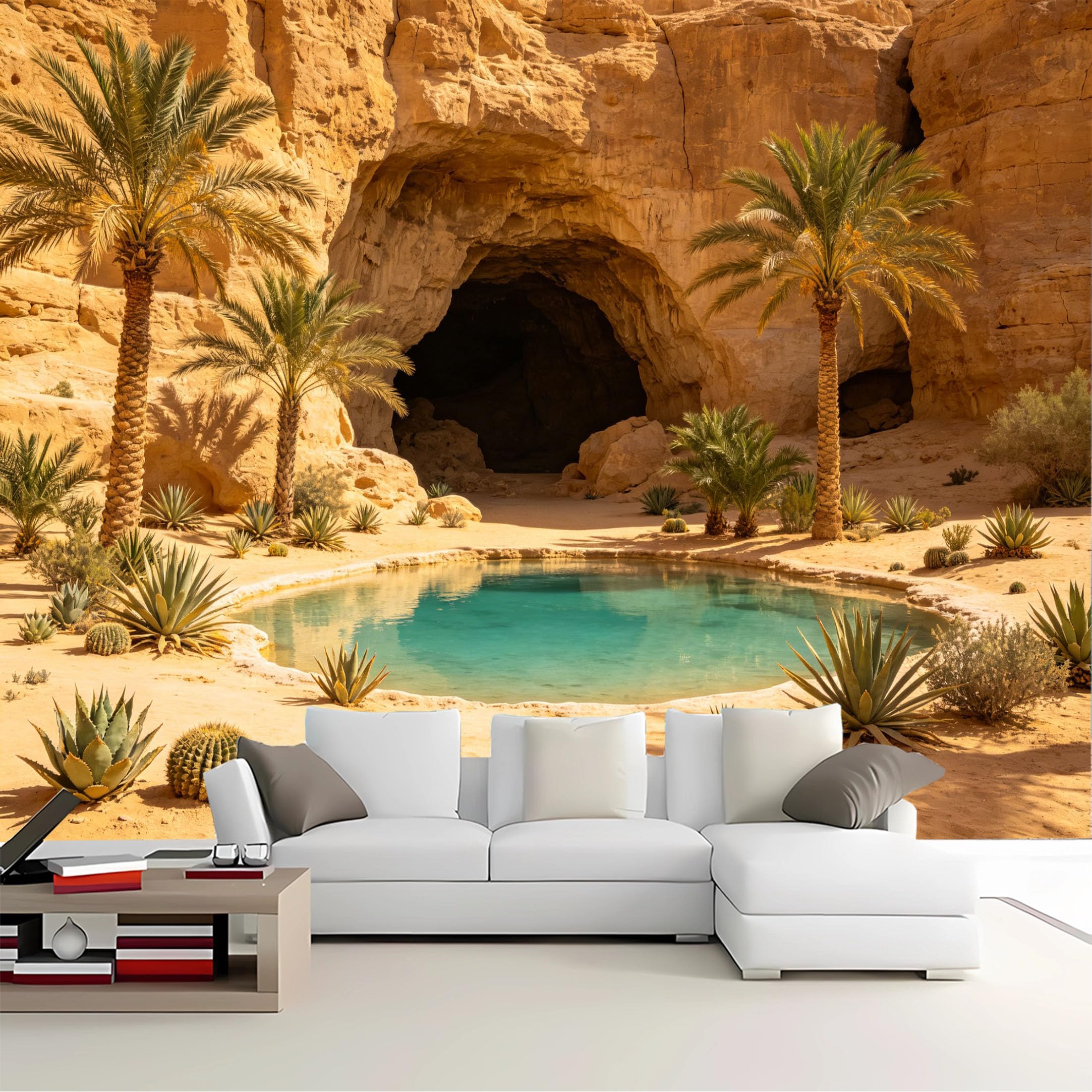Custom Size Wall Mural Cave View Desert Oasis Removable Self Adhesive Peel and Stick Wallpaper for Bedroom Living Room Dining Room