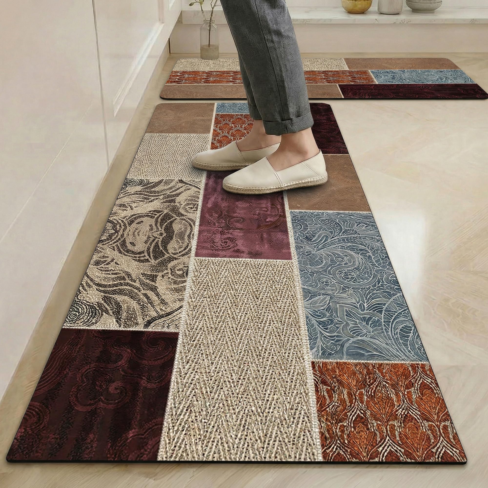 Yellow Weaves– Non-Slip Kitchen Floor Mats, Water Absorbent, Rugs,Standing Rubber Mats for Kitchen, Office, Sink and Laundry Room, Multi Patchwork (Pack of 2)-image-16