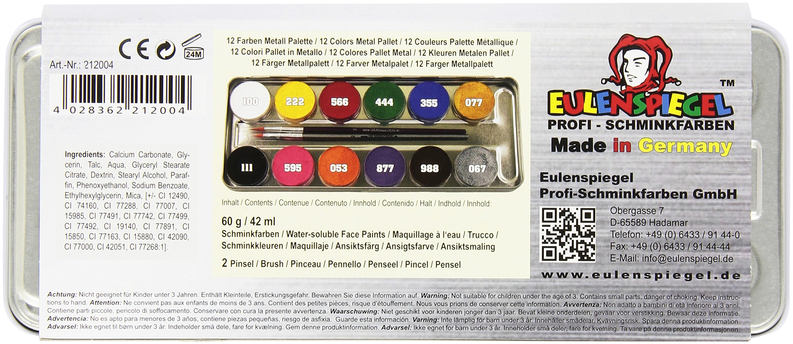 Eulenspiegel 212004 Palette de maquillage en métal, 2 pinceaux et 12 couleurs