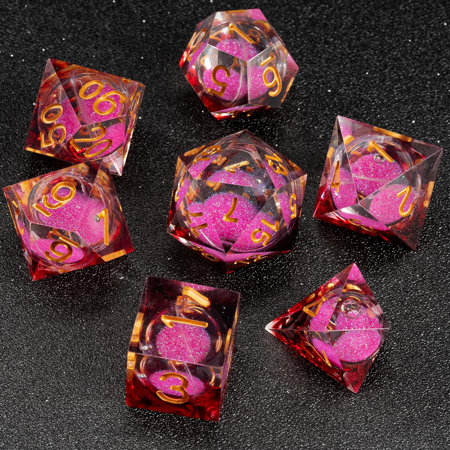 Fugacity DND Dice Set, Liquid Core Handmade Sharp Edge 7 Piece Resin Dice-Dungeons and Dragons Polyhedral Dice Set, D&D Dice Set with Gift Dice Case for RPG MTG Table Games(Pink Sand & Golden) — image 1