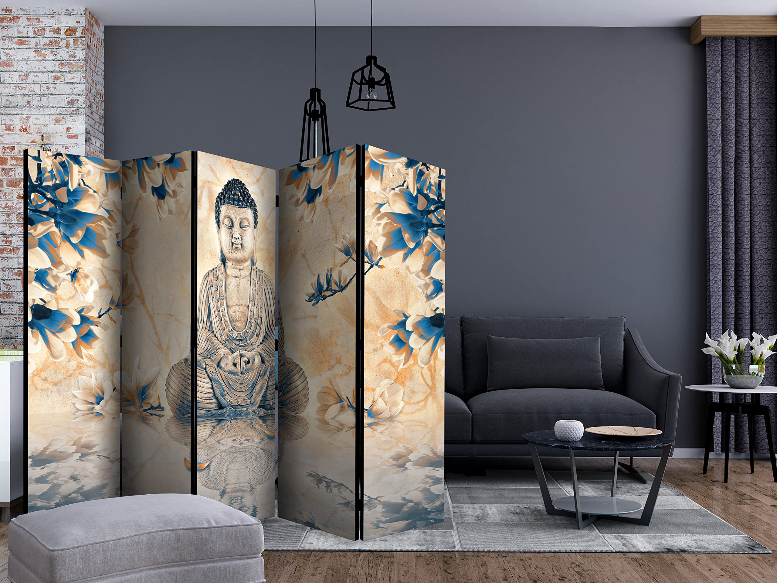 murando - Paravent intérieur à Deux côtés 225x172 cm - Séparateur de pièce en Bois Naturel avec Toile imprimée Pliable - Asie Bouddha Bouddhisme Feng Shui Magnolias Orient Zen p-C-0018-z-c