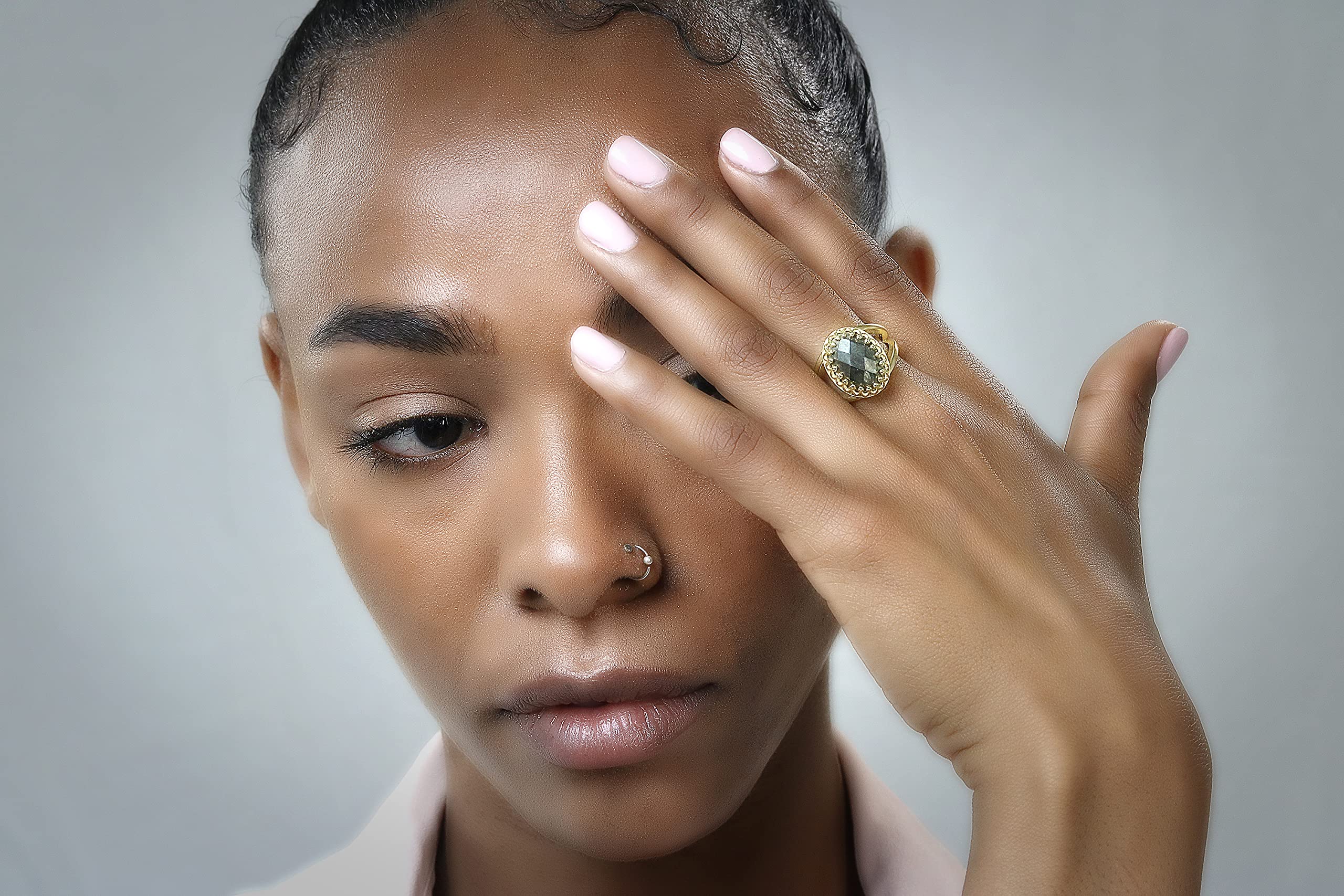 Anillo de Doble Banda de Piedra de Pirita - Anillos de Oro Rosa Personalizados para Mujeres - Anillo Ovalado de Compromiso, Boda, Moda, Promesa, Regalo para su Cumpleaños, Aniversario, Vacaciones