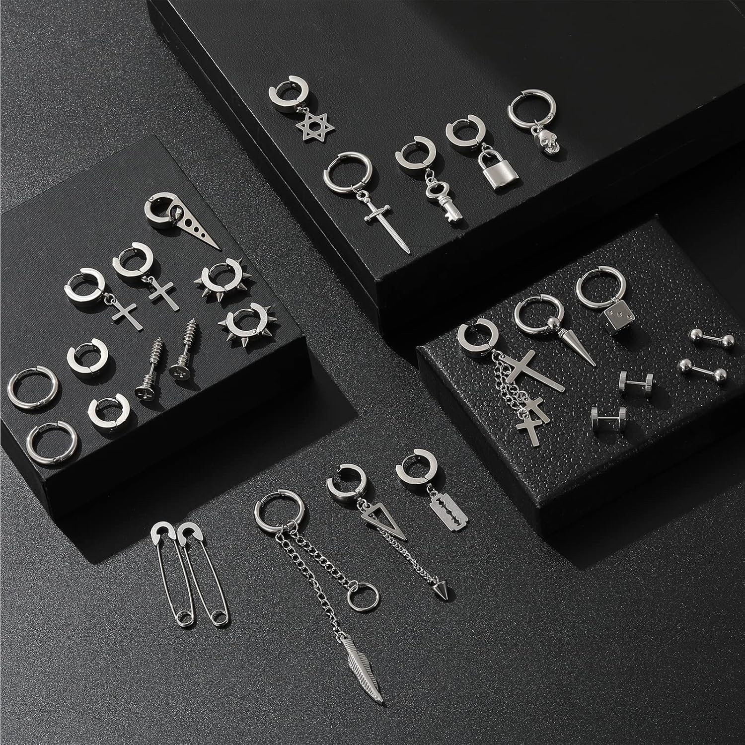Black Cross Earrings for Men, 28 Pieces Stainless Steel Long Chain Dangle Piercing Hoop Earrings Set for Gifts - Image 5