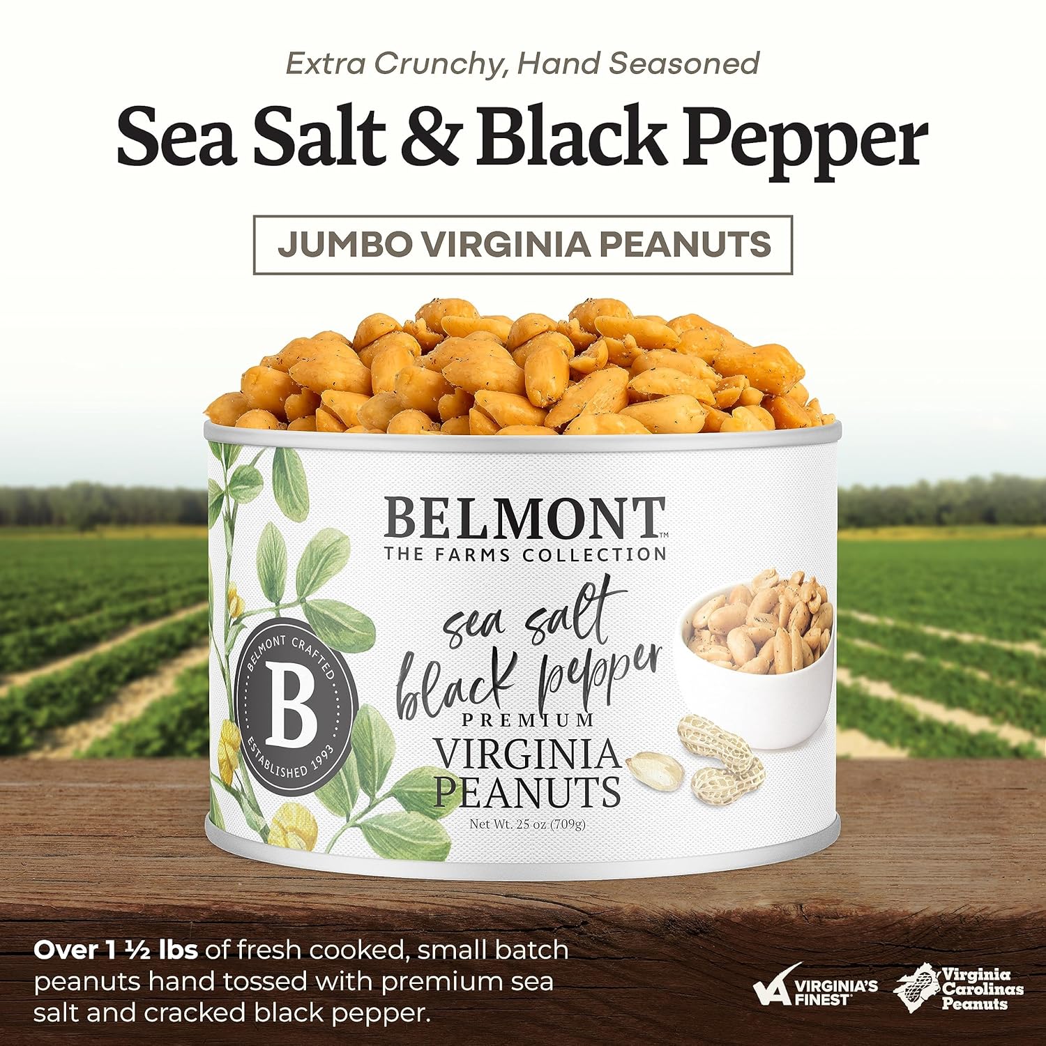 Belmont Peanuts Gourmet Sea Salt and Black Pepper Flavored Virginia Peanuts, 25 oz (1 Pack) – Only 4 Simple Ingredients, No Preservatives, 7g Protein – Salty, Peppery, Crunchy, Hand Seasoned Snack