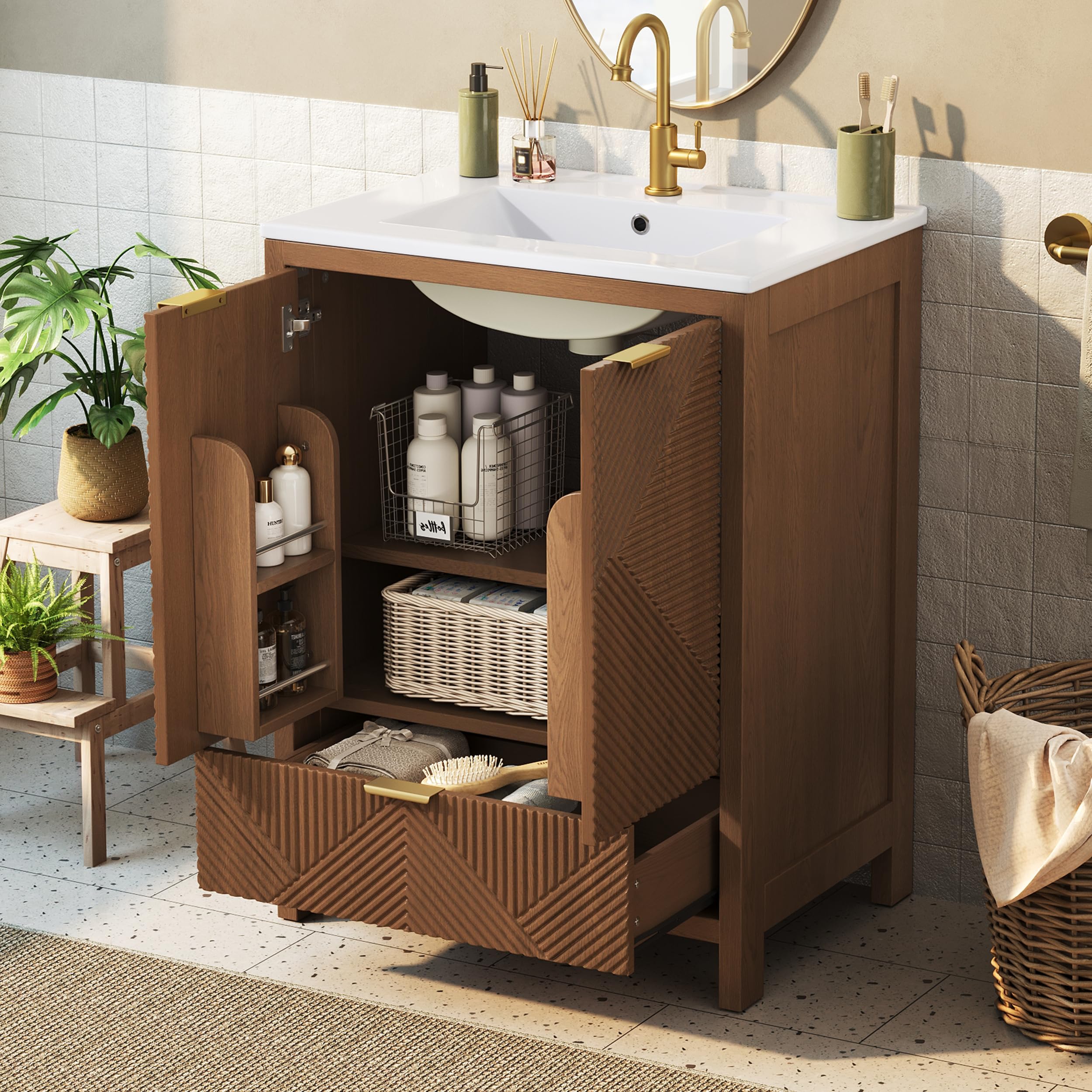 Merax Armario de lavabo con lavabo de cerámica de 61 cm, armario de baño con efecto ondas, 1 cajón y 2 puertas, cierre suave, estantes para puertas, nogal, 61 x 47 x 87 cm