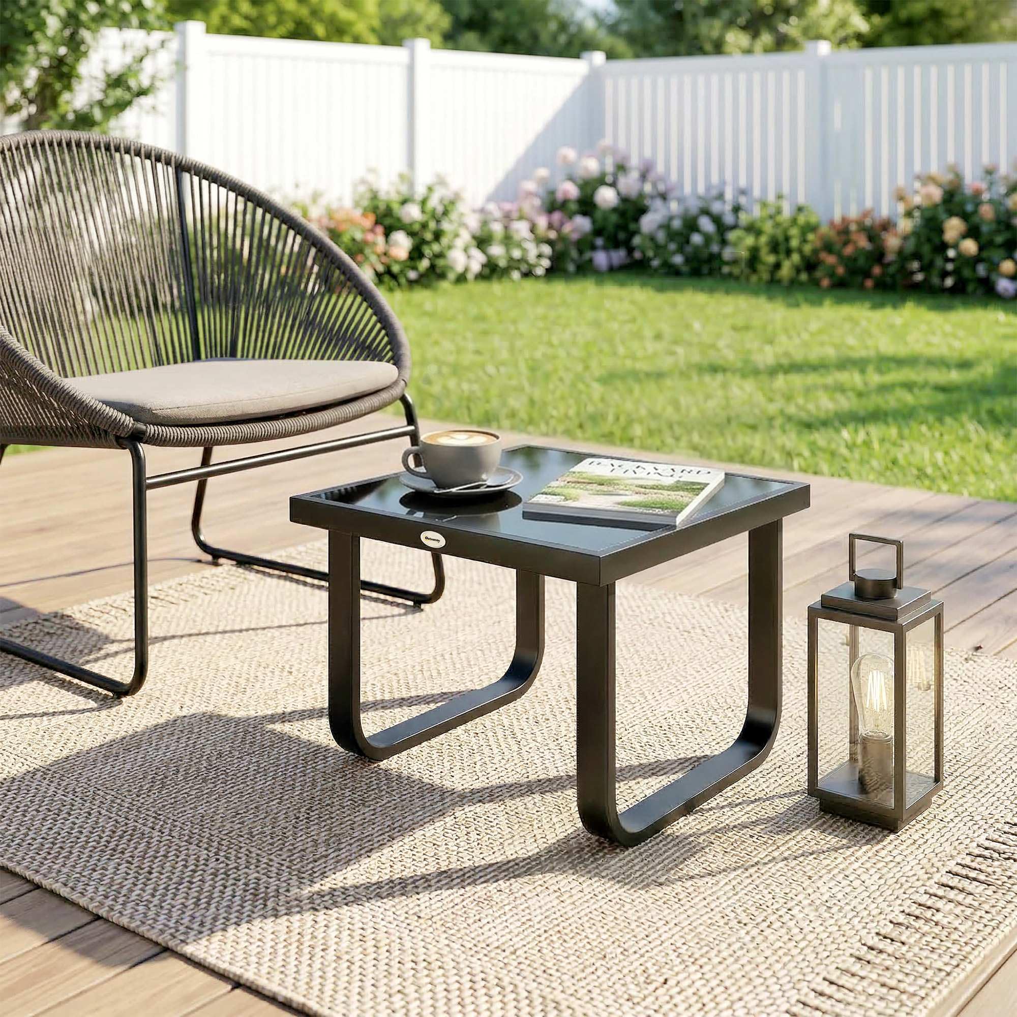 Outsunny Metal Garden Coffee Table, Outdoor Rectangle Side Table with Tempered Glass Tabletop and Adjustable Foot Pads for Terrace, Balcony, Patio, 45 x 45 x 33 cm, Black — view 7
