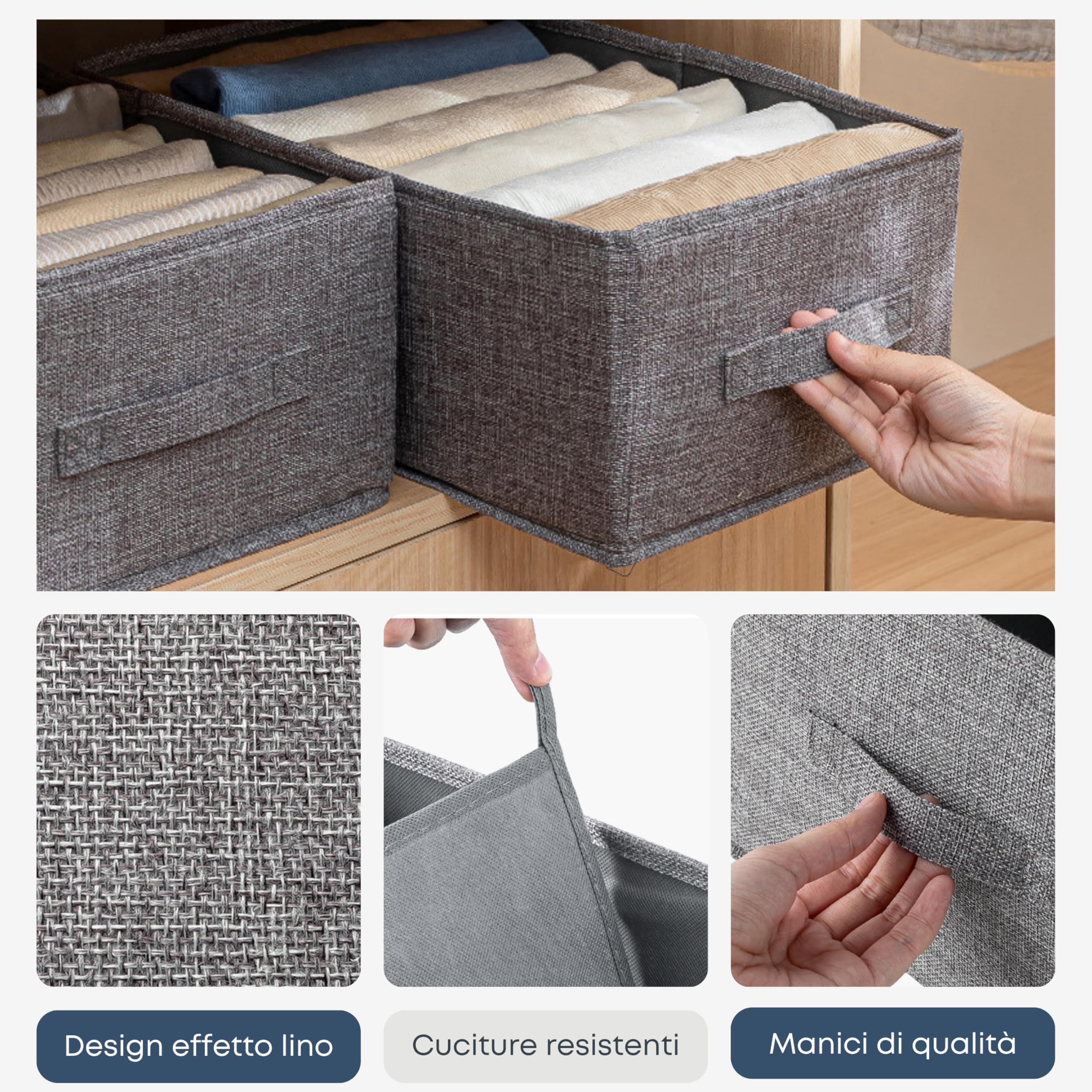 Scatole per Armadio XL 48x30x20 cm, Set 3 Contenitori per Vestiti Pieghevoli, Organizer Armadio Salvaspazio con Coperchio e Manici, Scatole Portaoggetti Rigide in Tessuto Grigio