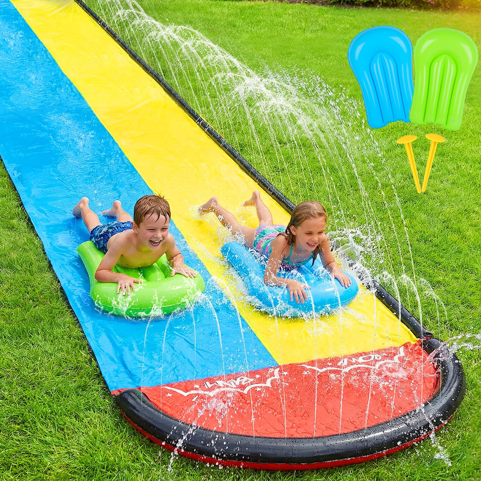 Mineup 480 x 140cm Wasserrutsche Garten, Wasserrutschmatte mit 2 Bodyboards, Doppelrutsche mit Eingebautem Sprinkler, Sommer-Rutsch-Wasserrutschen für Gärten, Rasenflächen und den Außenbereich