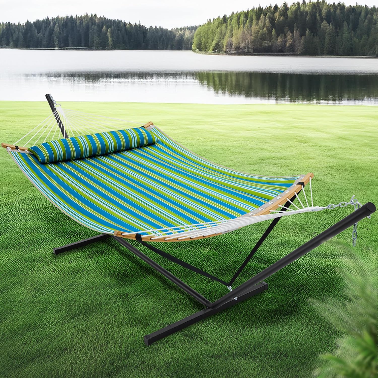 SUPERJARE Curved-Bar Hammock with Stand, 2 Person Heavy Duty Hammock Frame, Detachable Pillow & Portable Carrying Bag, Perfect for Outdoor & Indoor, Thin Blue and Green Stripes
