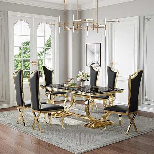 Miniatura 29 de Juego de mesa de comedor de mármol sintético de 70 pulgadas para 6, mesa de cocina grande y sillas de cuero sintético blanco, mesas de comedor Plata