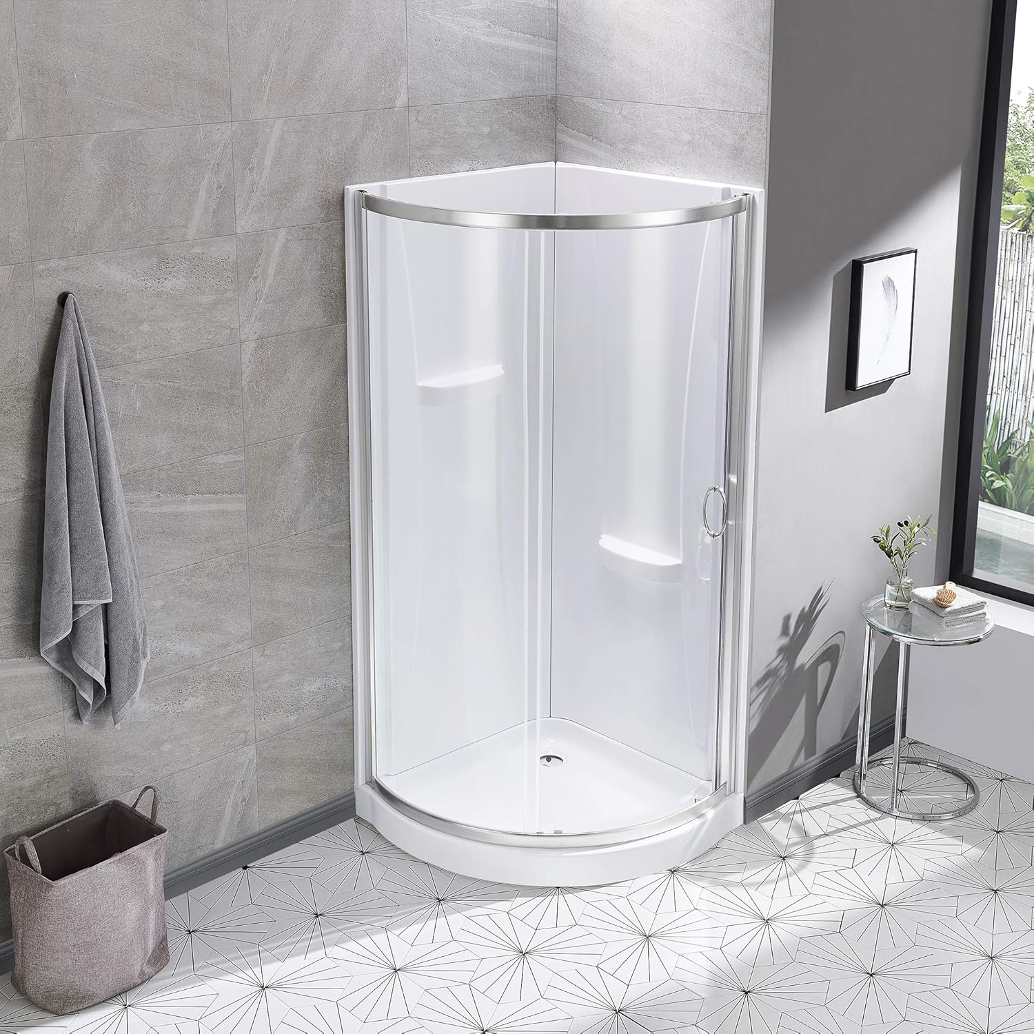 OVE Decors Breeze 34 in. Corner Shower Sliding Door, With Included Walls and Base, Clear Glass and Satin Nickel Finish