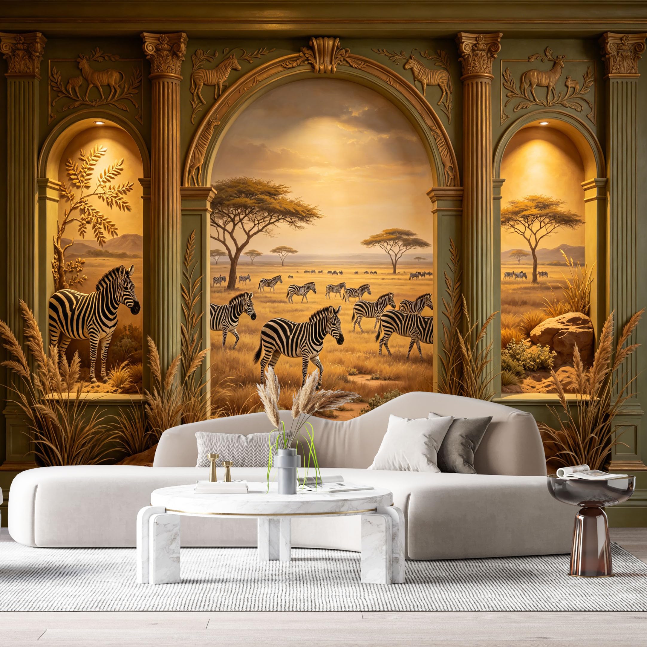 Custom Size Wall Murals African Wildlife Zebra Landscape Neoclassical Arch 3D Trompe L'Oeil SelfAdhesiveWall Fabric Removable Wallpaper Wall Decor for Living Room Bedroom Bathroom
