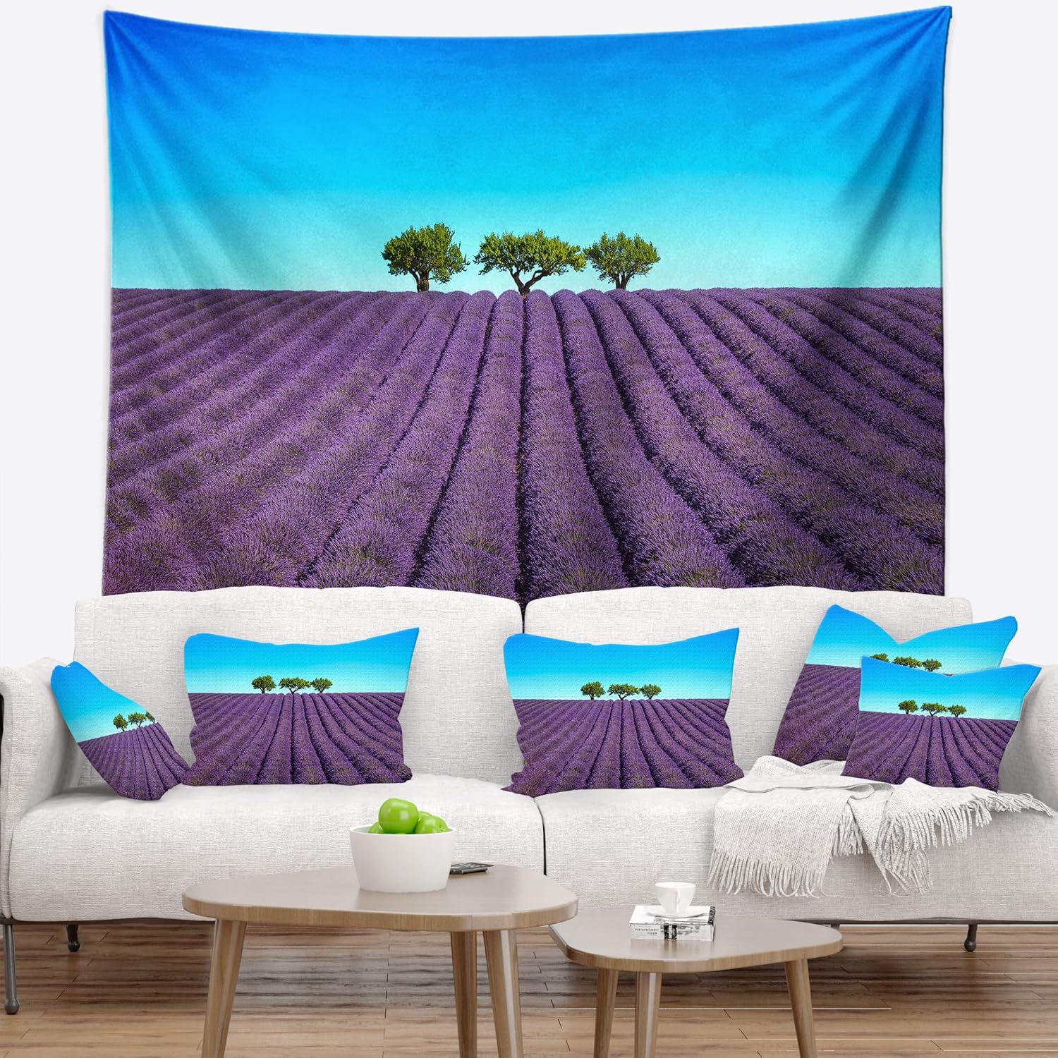 Designart Lavender Flowers and Uphill Green Trees' Landscape Tapestry Blanket Décor Wall Art for Home and Office, Created On Lightweight Polyester Fabric x Large: 92 in. x 78 in