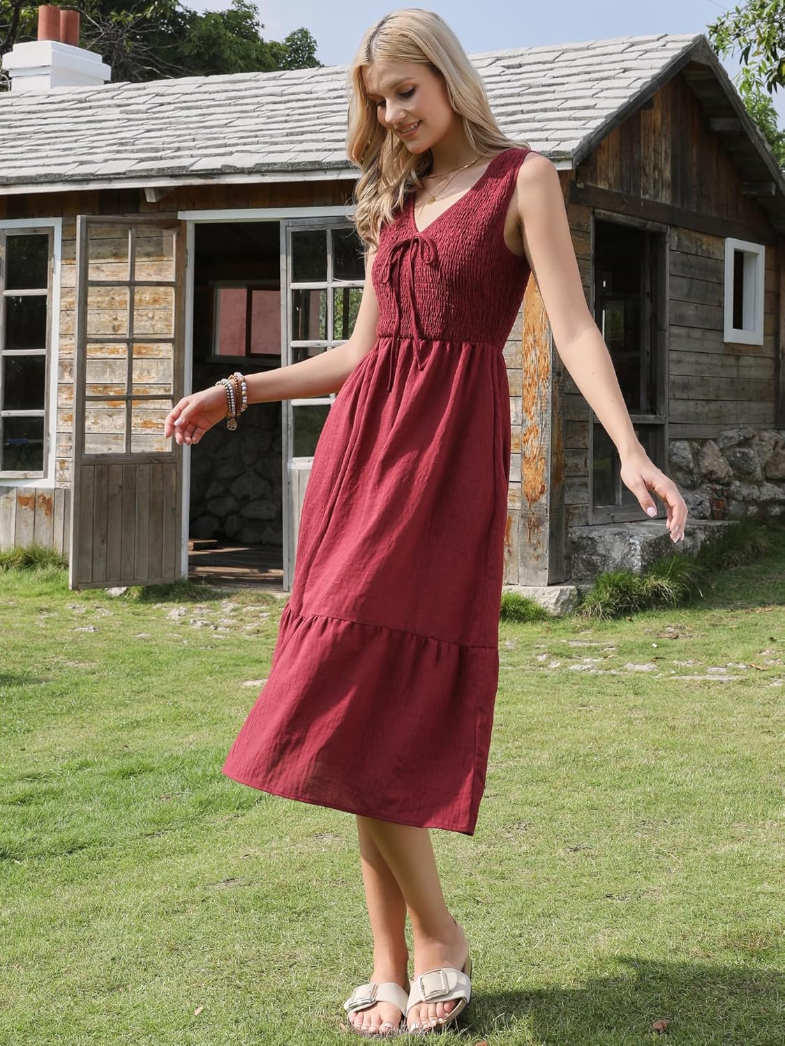 Allegra K Sleeveless Dress for Women V Neck Bow Tie Smocked A Line Summer Casual Tiered Midi Dresses - Image 3