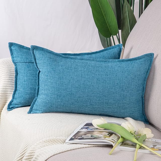 Madizz Set of 2 Linen Cushion Covers 16x16 Inch Blue Soft Decorative Throw Pillow Cases for Sofa Bedroom Pillow Shell
