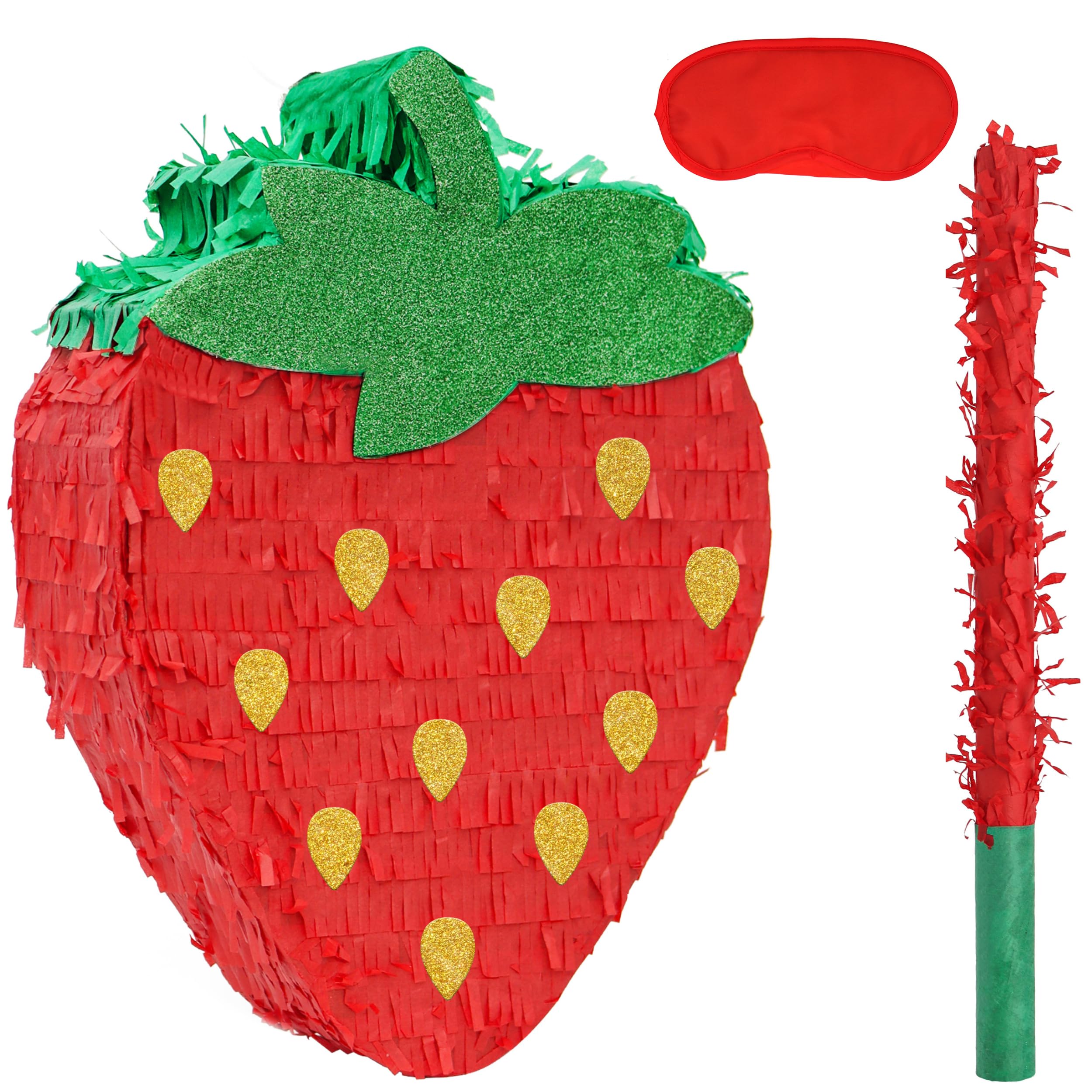 Kit de pinatas à la fraise avec bandeau pour les yeux et chauve-souris (41,5 x 30,5 x 8,9 cm), parfait pour les anniversaires d'enfants, les fêtes à thème des fruits, les décorations
