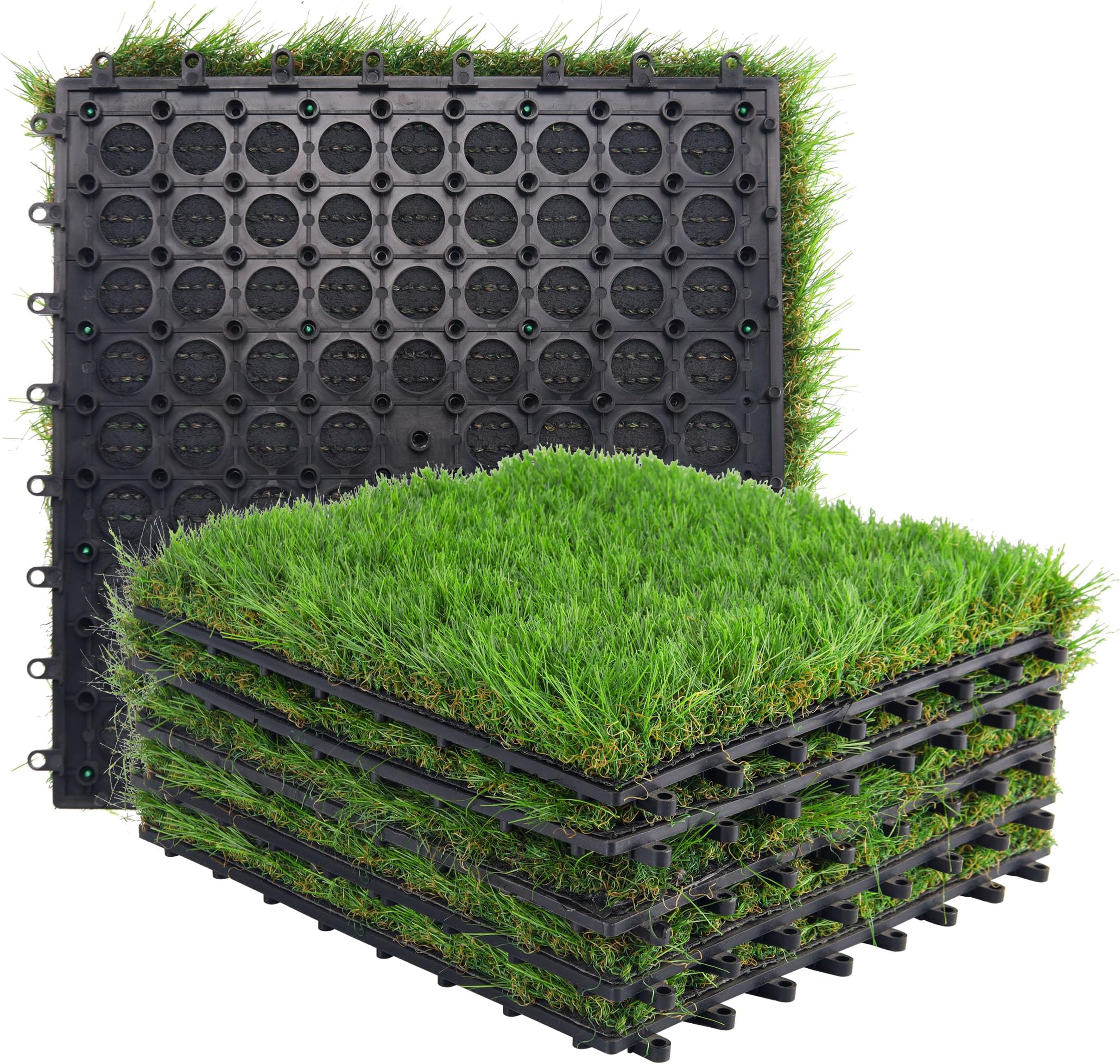 Golden Moon Grass Tile Series PP Interlocking Grass Deck Tiles, Artificial Anti-wear Turf Tiles - 30.5 x 30.5 cm (Pack of 6)