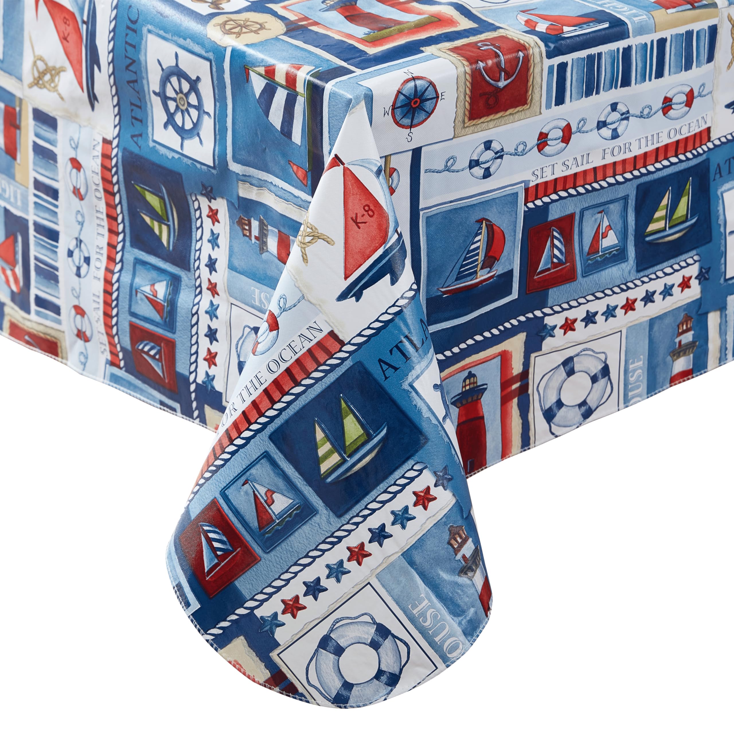 Newbridge Blue Nautical Sailboats and Lighthouses 60 x 120 Inch Rectangle Vinyl Flannel Backed Tablecloth, Patchwork Indoor Outdoor Holiday Dining Vinyl Flannel Backed Table Cover