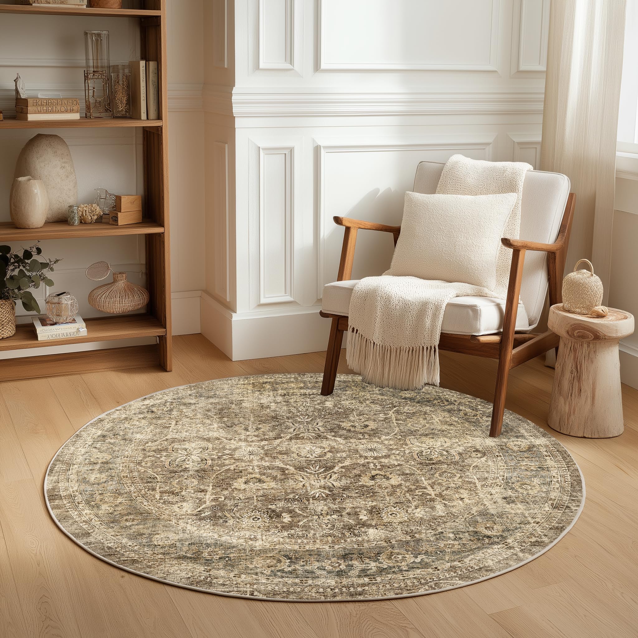FMFUNCTEX 3ft Round Washable Area Rug Brown Vintage Neutral Distressed Small Non Slip Carpet for Living Room Bedroom Soft Low Pile Indoor Mat Retro