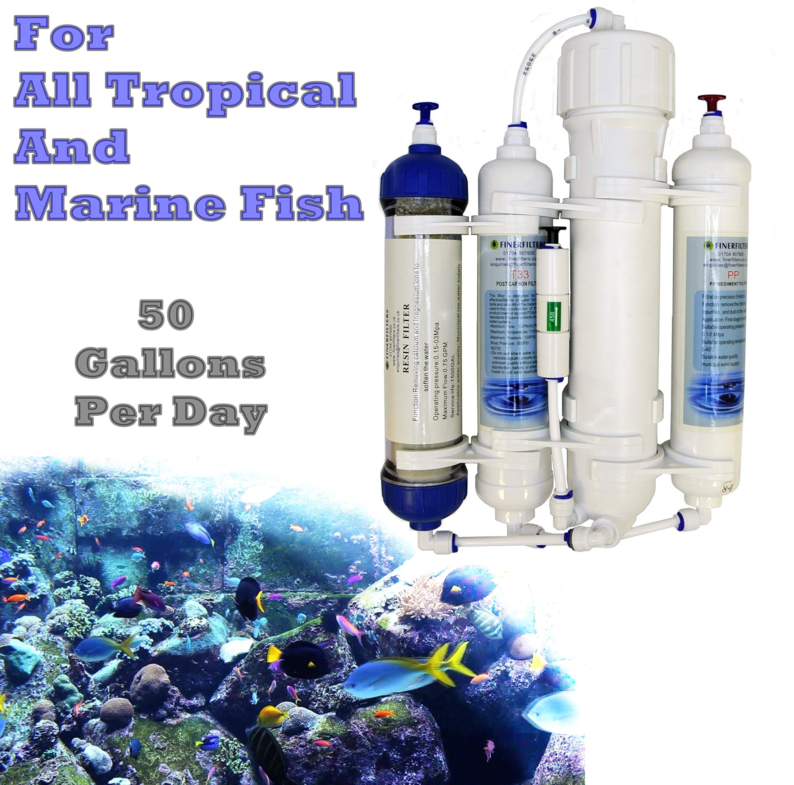 Finerfilters Umkehrosmose-Filter, 4-stufig, kompakt, mit DI-Kunstharz, für tropische und Meerwasser-Aquarien und Diskusfische, 50 / 75 / 100 GPD