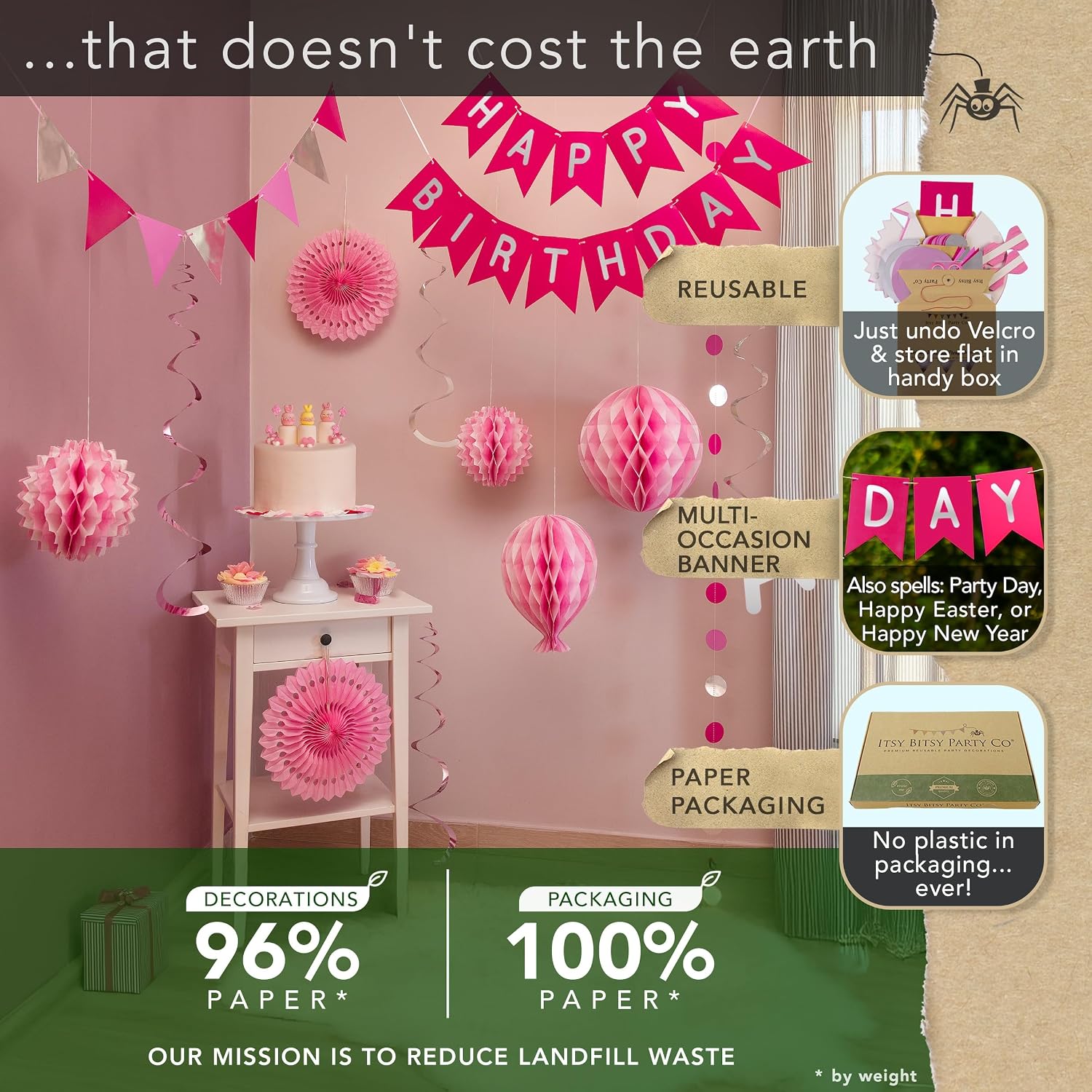 Premium Reusable Happy Birthday Decorations for Women and Girls Pink Party Decorations, Multi-occasion Banner, Pennant Banner, Paper Fans - Party Decor by Itsy Bitsy Party Co image 3