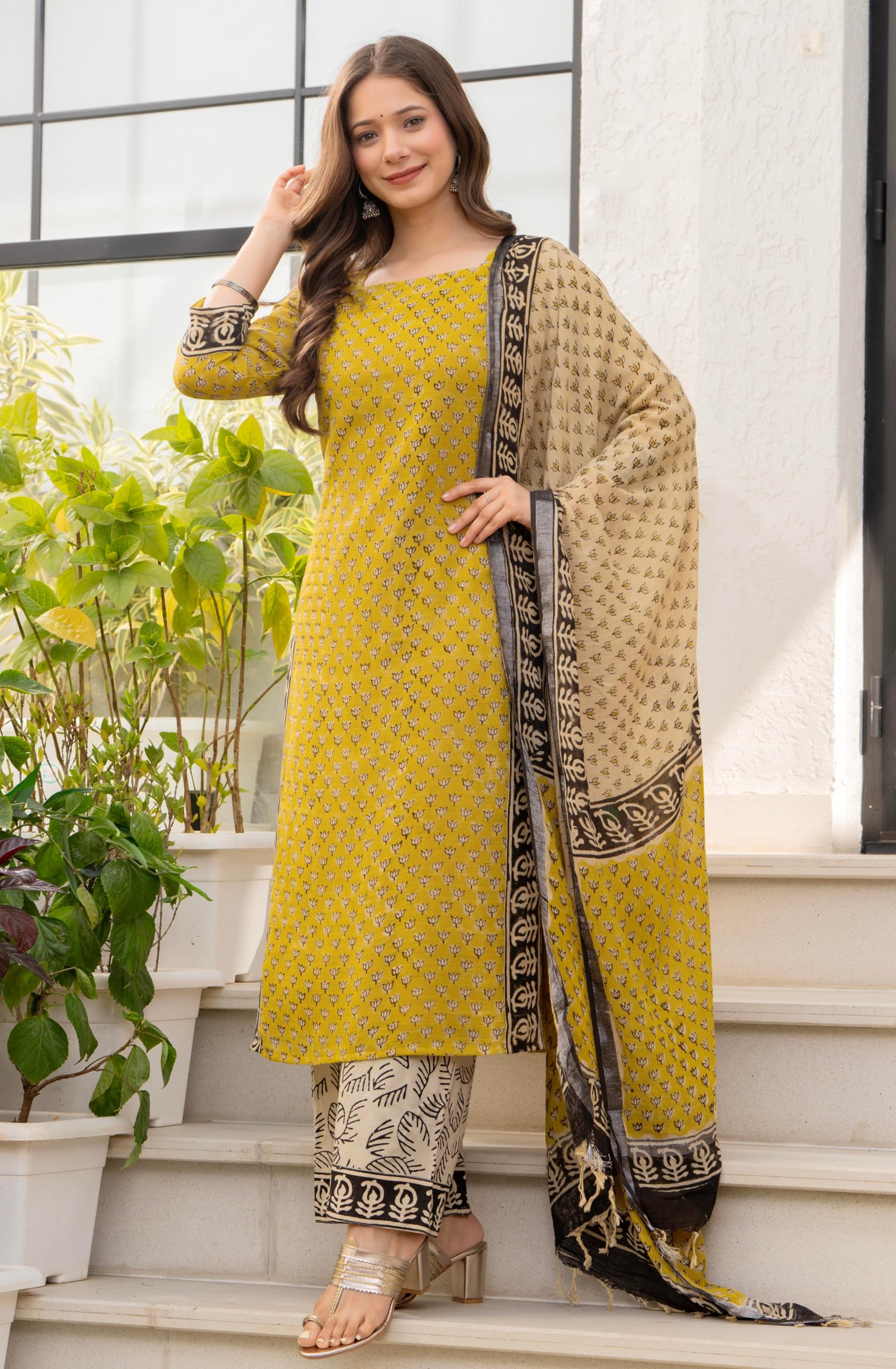 Amayra Women's Pure Cotton Straight Kurta Set with Palazzo Pants & Dupatta|Ethnic wear|Kurta Set for Women(TCK737-N,Yellow,L) 3