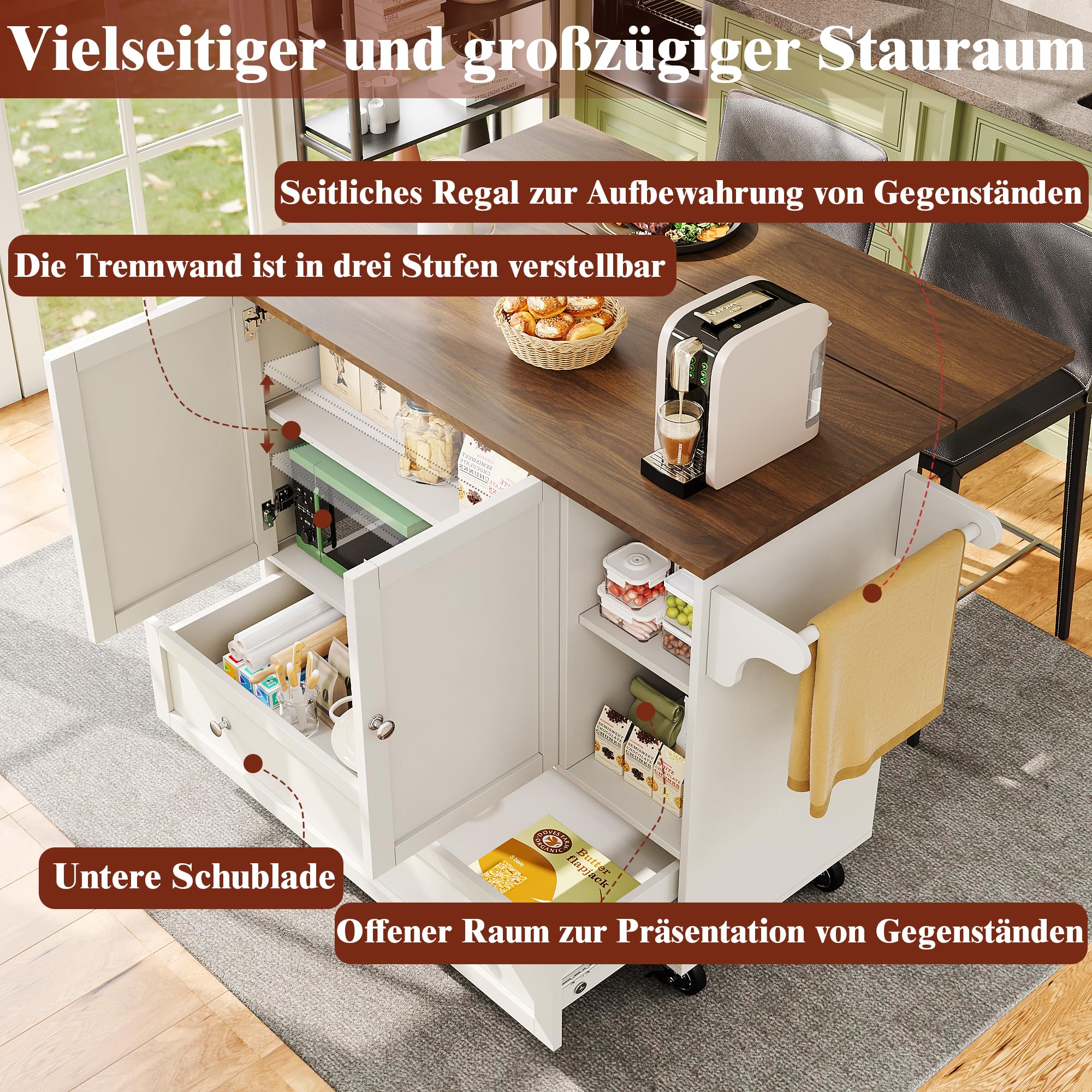 Huayz Kücheninsel Mit Rollen - 140cm Buffetschrank, Verstellbare Trennwände, MDF