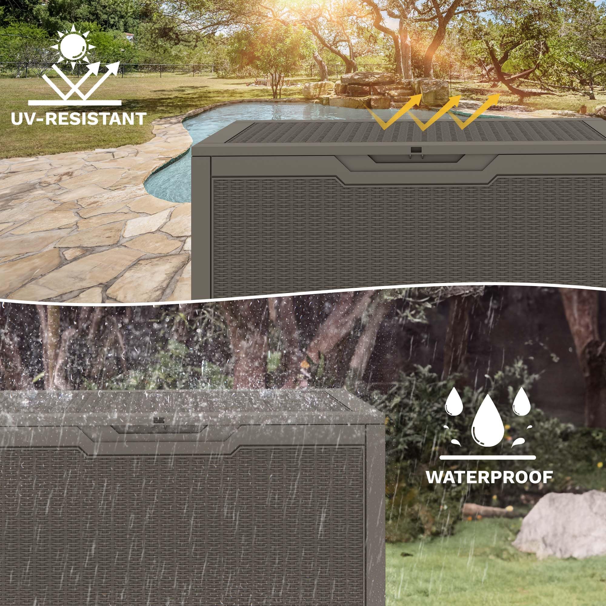 DWVO Gartenbox Auflagenbox Aufbewahrungsbox Kissenbox Outdoor Gartentruhe|Moderne Rattan|Wasserdicht Gasdruckfeder|Für Sitzauflagen Gartengeräte & Kinderspielzeug|380 Liter 115.4x55x58.3cm|Hellbraun
