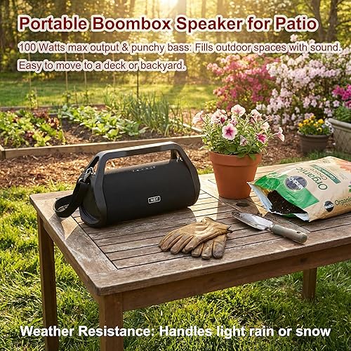 Miniatura 3 de Altavoz portátil retro Bluetooth Boombox – 100 W resistente, diseño impermeable con asa conveniente y correa para un sonido fuerte al aire libre en