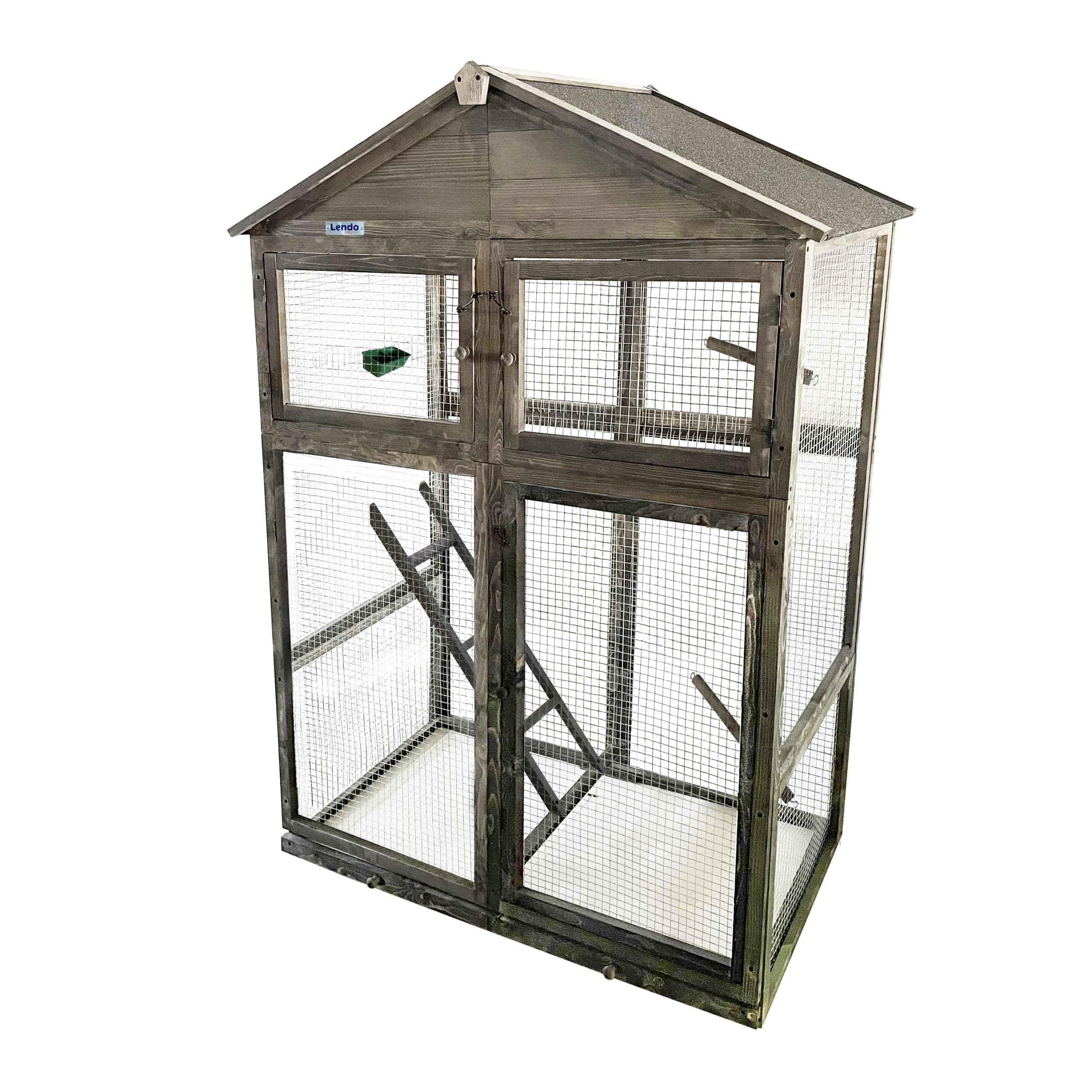 Volière Extérieure en Bois Traité pour Oiseaux – Cage à Oiseaux avec Toit Bitumé, Mangeoire, Perchoirs et Tiroir Amovible – Volière pour Perruches, Canaris –115x58x164 cm (Gris)