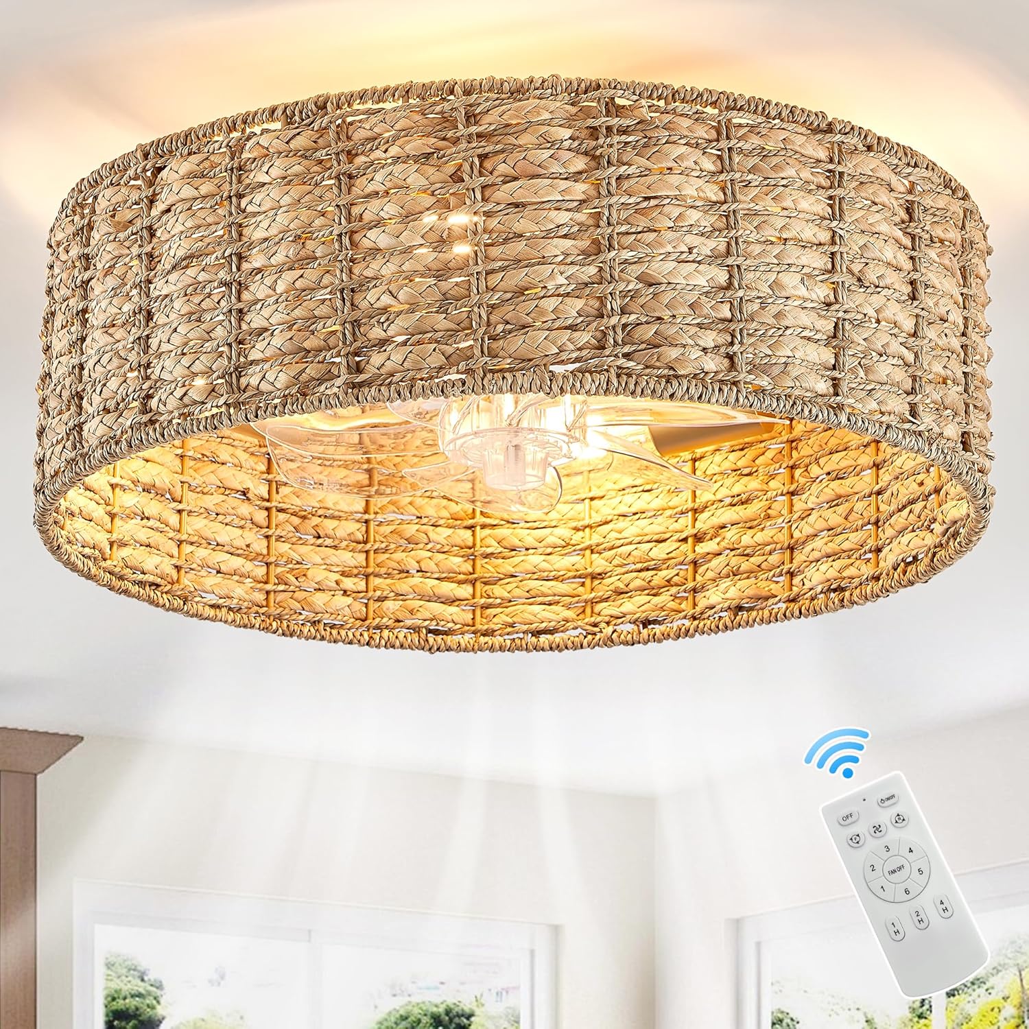 0138-4H Handwoven Rattan Caged Boho Ceiling Fans with Lights Remote Control Flush Mount Fandelier Low Profile for Bedroom,4-Light,20"