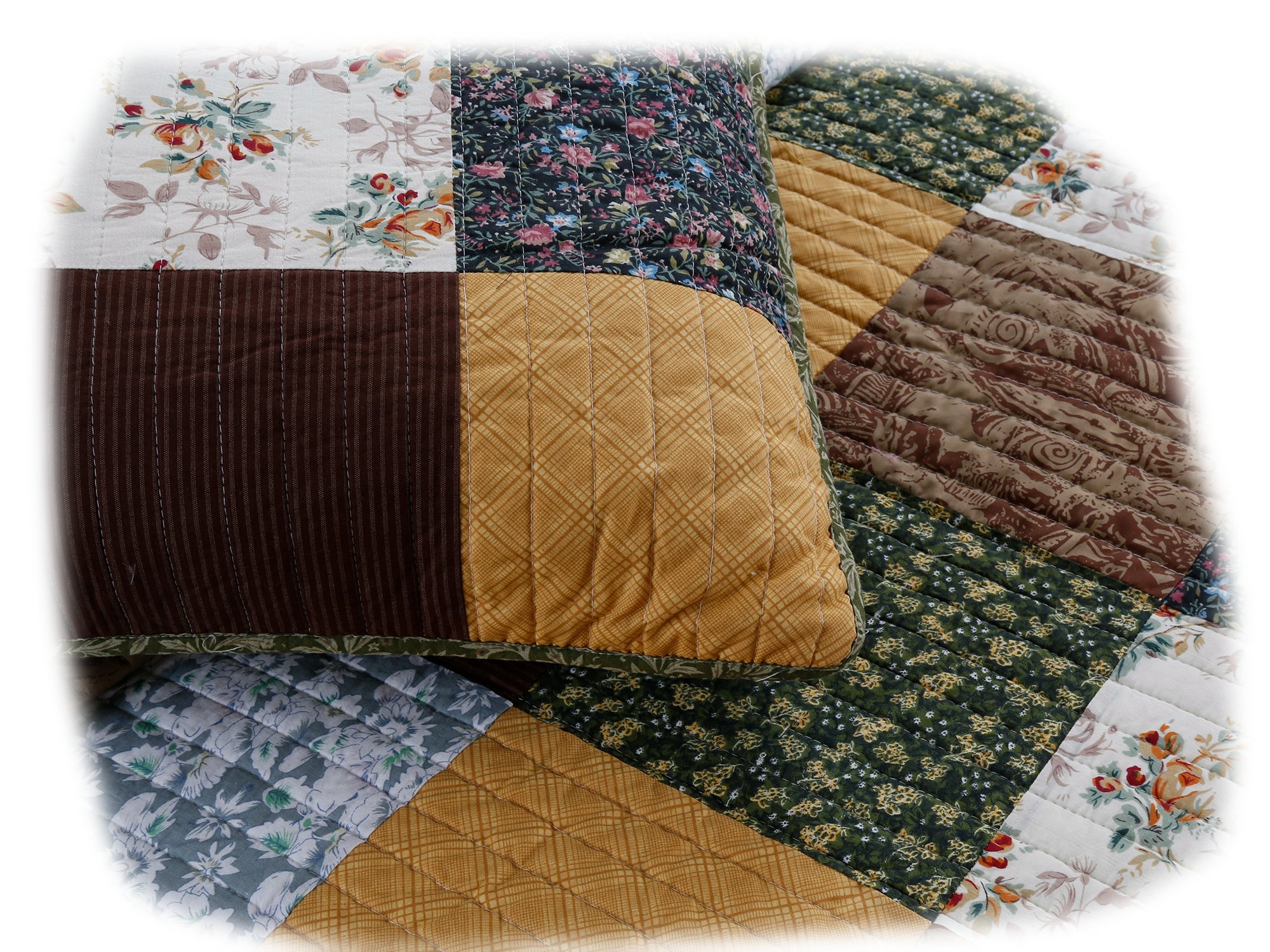 Cozy Line Home Fashions Andy Brown Olive Mustard Yellow Black Real Patchwork Quilt Bedding Set