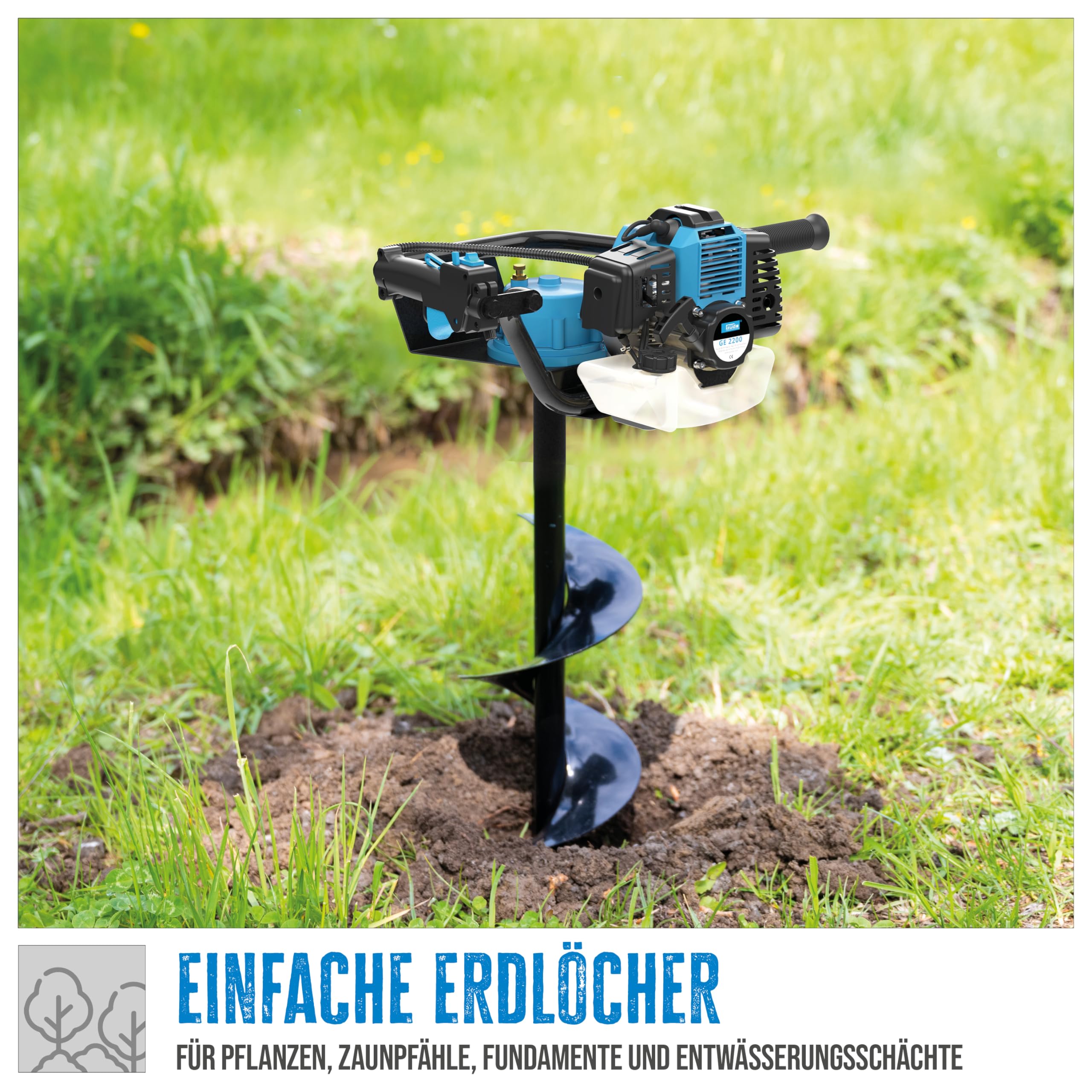 Güde Motor-Erdbohrer GE 2200 (2-Takt Benzin Motor 2,2/3 (kW/PS), 52 cm³, 7500 1/min, Bohrer-ø: 100/150/200 mm, Bedienelemente im Handgriff, Primerpumpe, zuverlässige Funktion bei jeder Wetterlage)