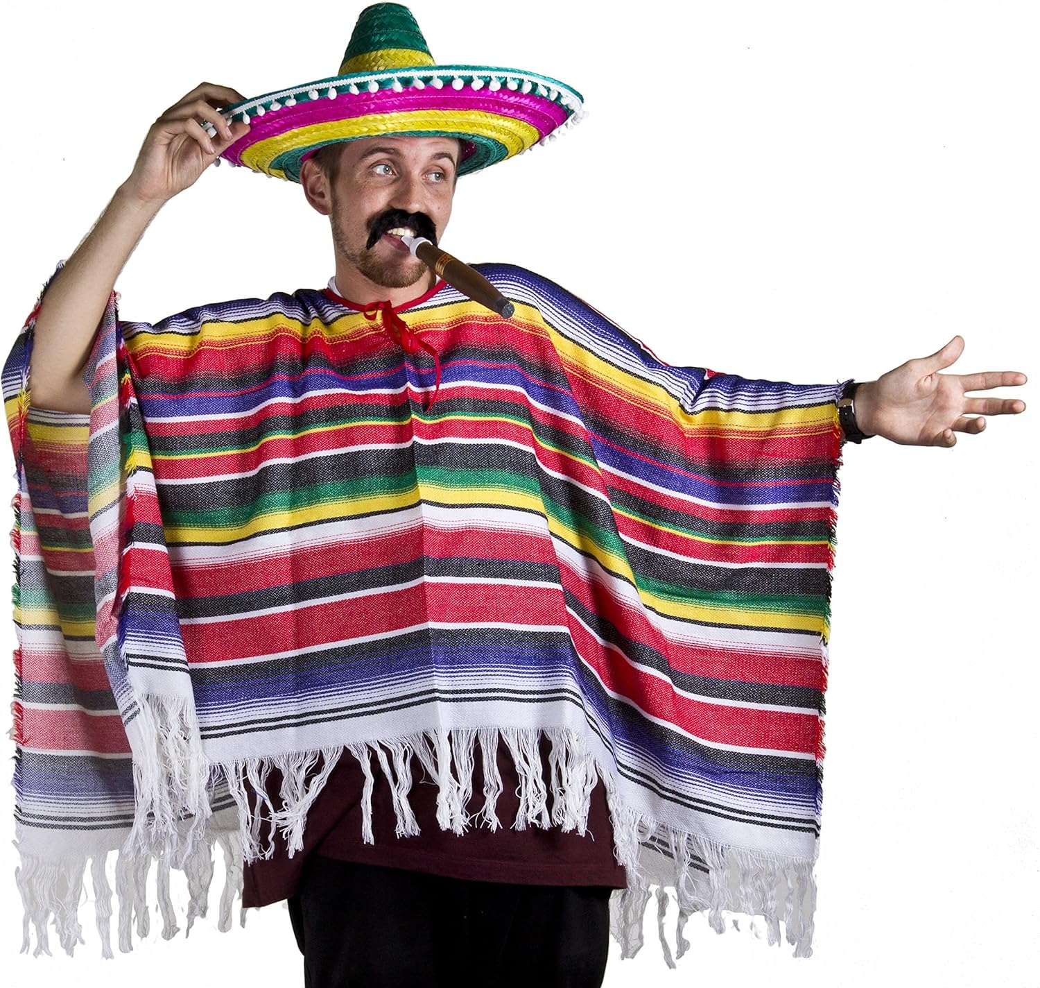 Disfraz de Adultos Mexicanos Poncho Multicolor, Sombrero, Bigote Negro  Pegado Hombre Mujer México Cinco de Mayo Mariachi Bandit Vestido de lujo