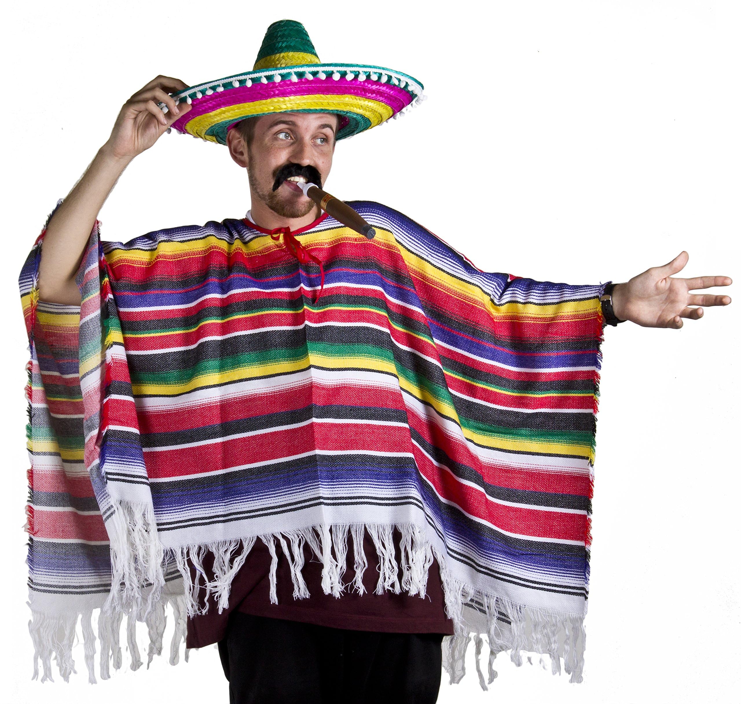 Adults Mexican Costume - Multicoloured Poncho, Multicoloured Sombrero, Black Stick-On Moustache - Mens Womens Mexico Cinco de Mayo Mariachi Bandit Fancy Dress Costume