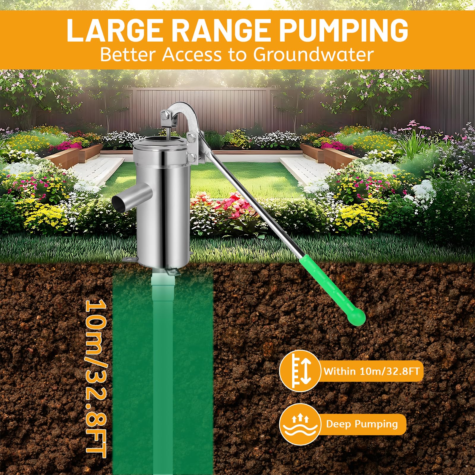 DBREAKS Pompa manuale per acqua in acciaio inossidabile, pompa da giardino per pozzi fino a 10 m di profondità, per case, giardini domestici, cortili, stagni - 5