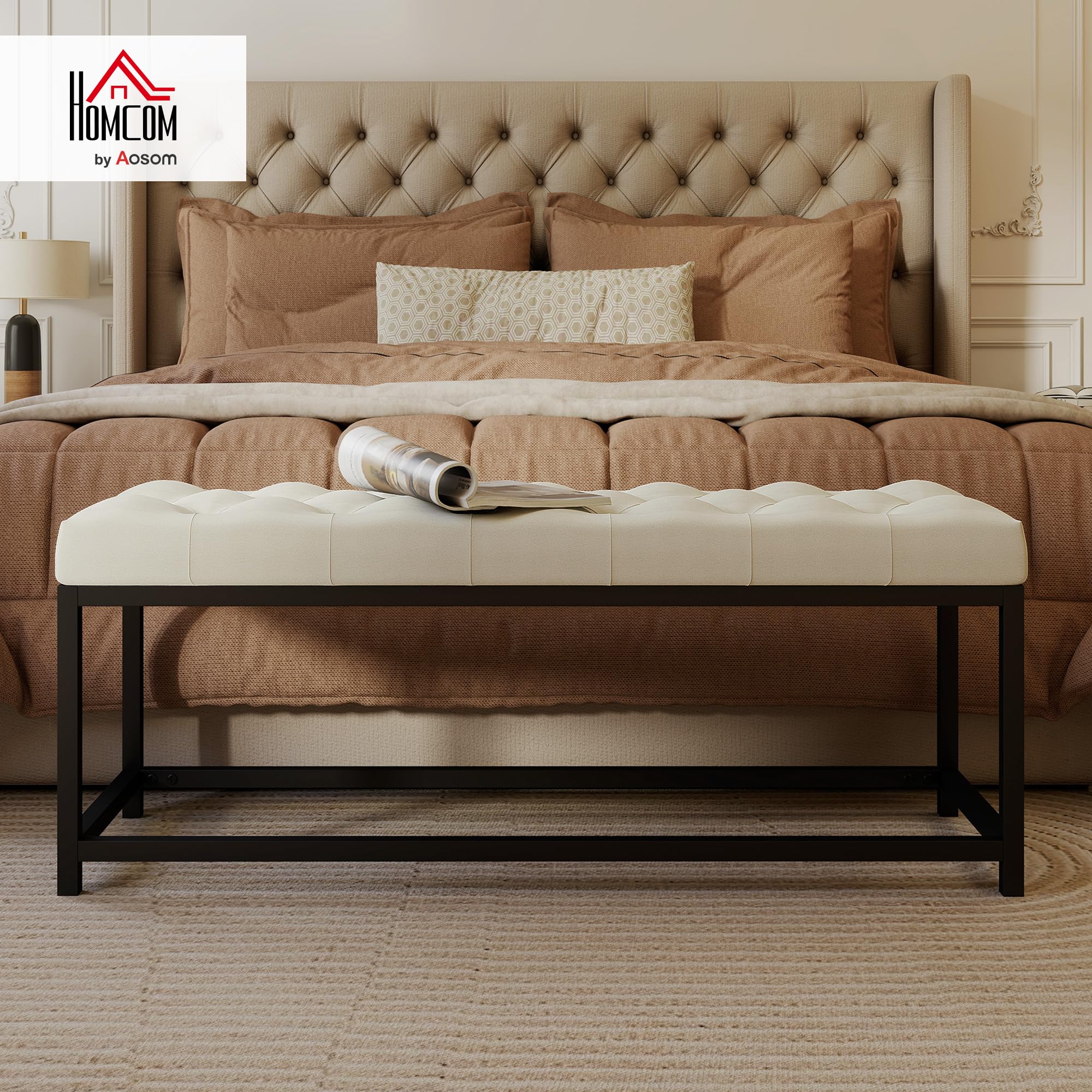 HOMCOM Banco Pie de Cama, Tapizado en Terciopelo, Banqueta para Dormitorio, Diseño Capitoné, Base de Metal, Banco para Dormitorio, Entrada, Salón, Recibidor, Crema