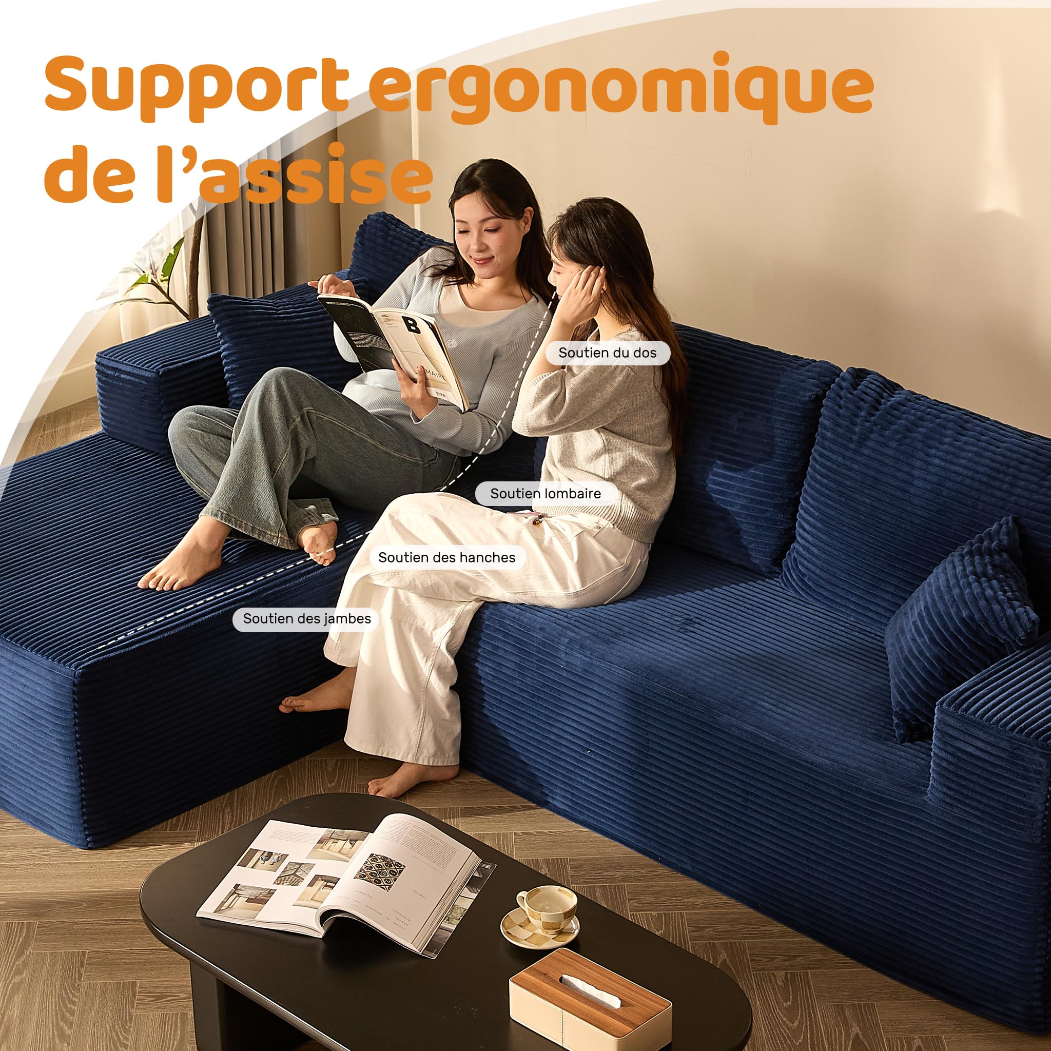Canapé d’Angle modulable en L avec Fonction lit – Grand canapé Convertible rembourré en Tissu côtelé – Canapé-lit Confortable pour Salon,Bleu Marine | Méridienne Gauche, Assise Profonde, Sans Montage, Mousse Haute Densité, Soutien Stable