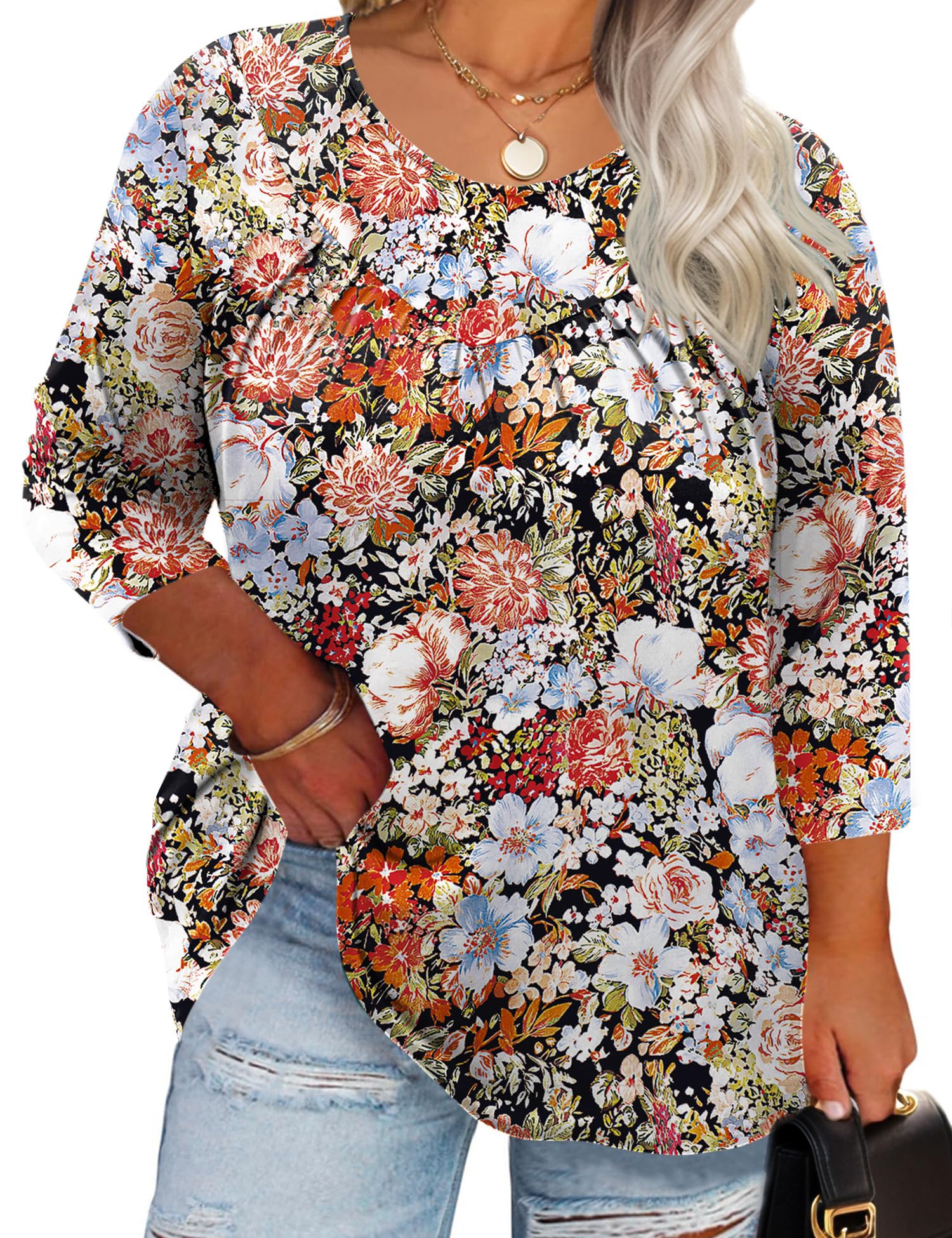 TFSDOD Womens Plus Size Tops 3/4 Length Sleeve Blouses Crew Neck Shirts Casual Loose Tunic Tops 1X-5X