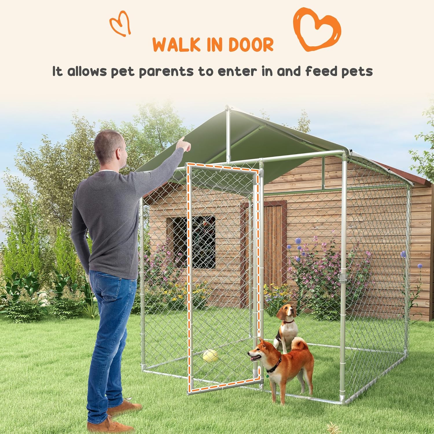 A person standing next to the open walk-in door of the dog kennel, with two dogs inside.