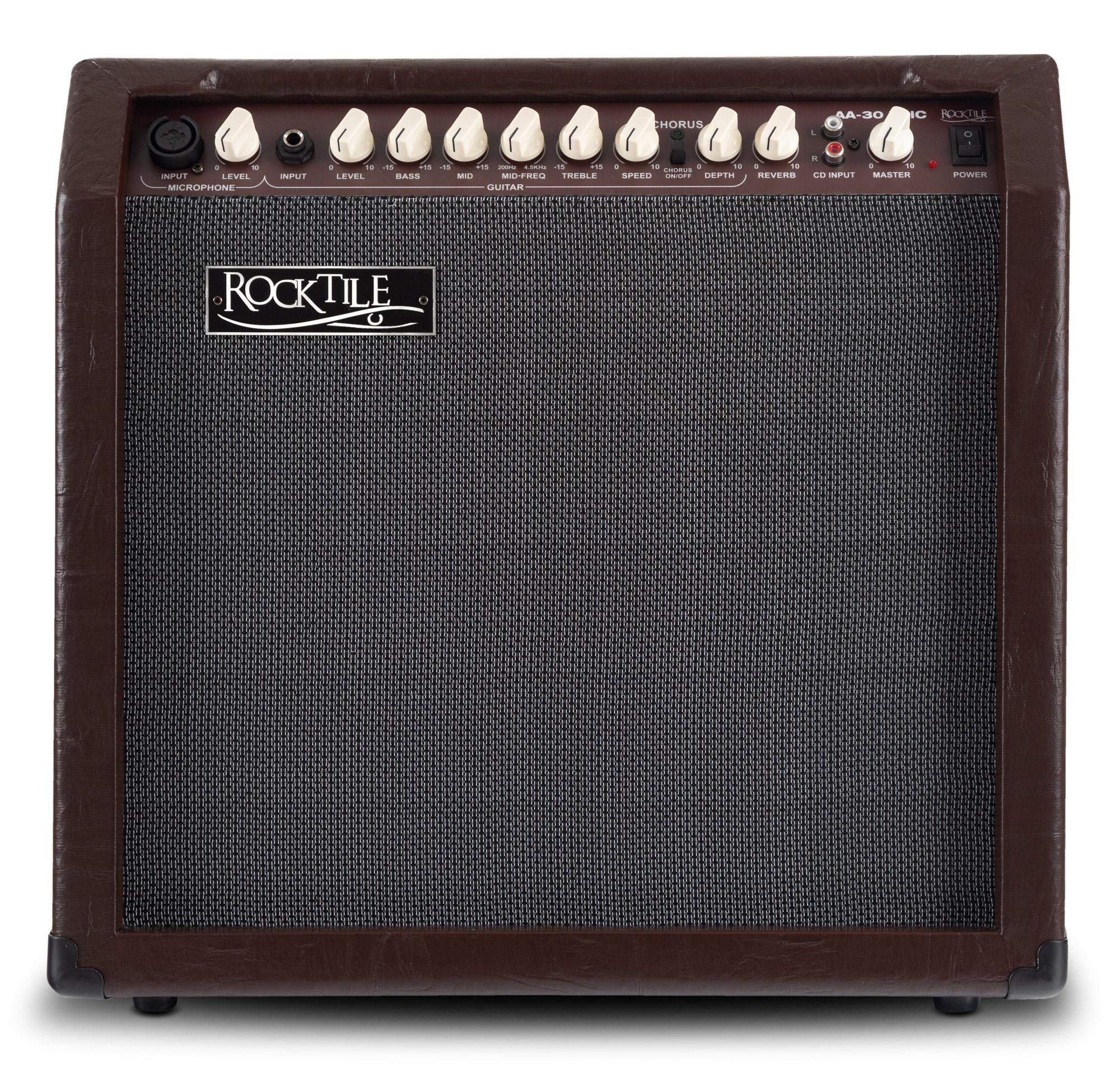 Rocktile AA-30 BN Eric Ampli Acoustique - 30 Watts - 2 Canaux (Micro et Guitare) - Haut-Parleur 10" + Tweeter 2,5" - Entrée AUX et Line Out - Effets Chorus et Reverb - Marron