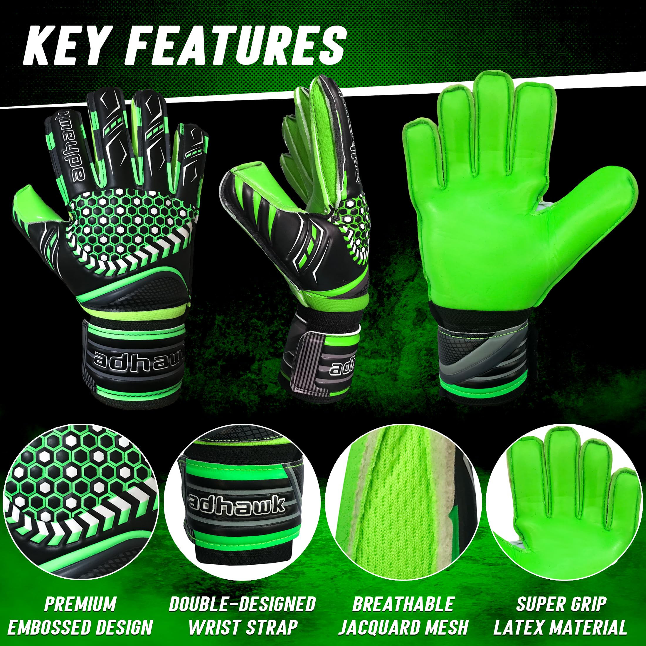 Adhawk Goalkeeper Gloves, Premium Quality Latex Palm with Finger Spine Protection & Double Layer Wristband - Image 4