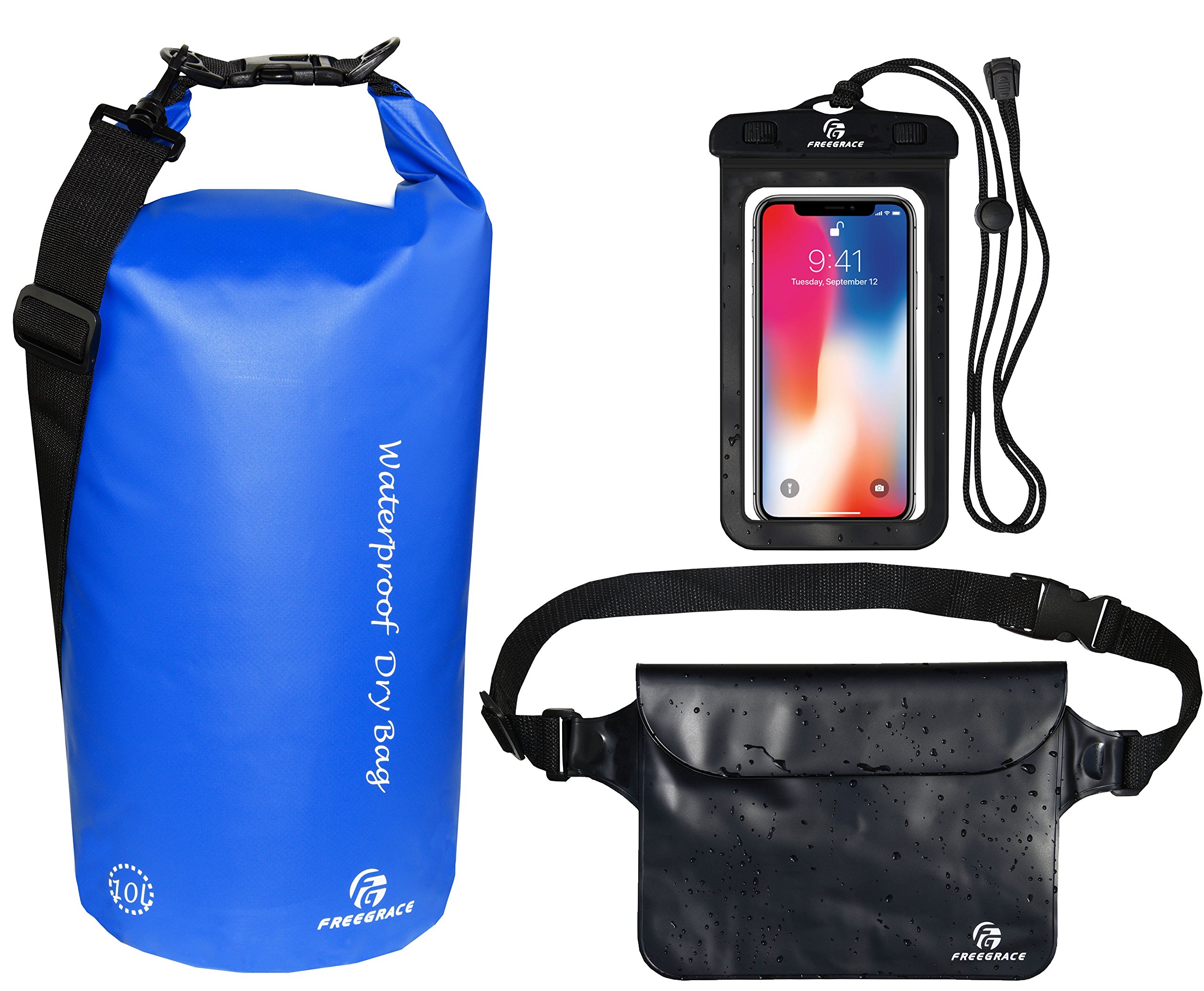 Freegrace Waterproof Dry Bags Set Of 3 Dry Bag With 2 Zip Lock Seals & Detachable Shoulder Strap, Waist Pouch & Phone Case - Can Be Submerged Into