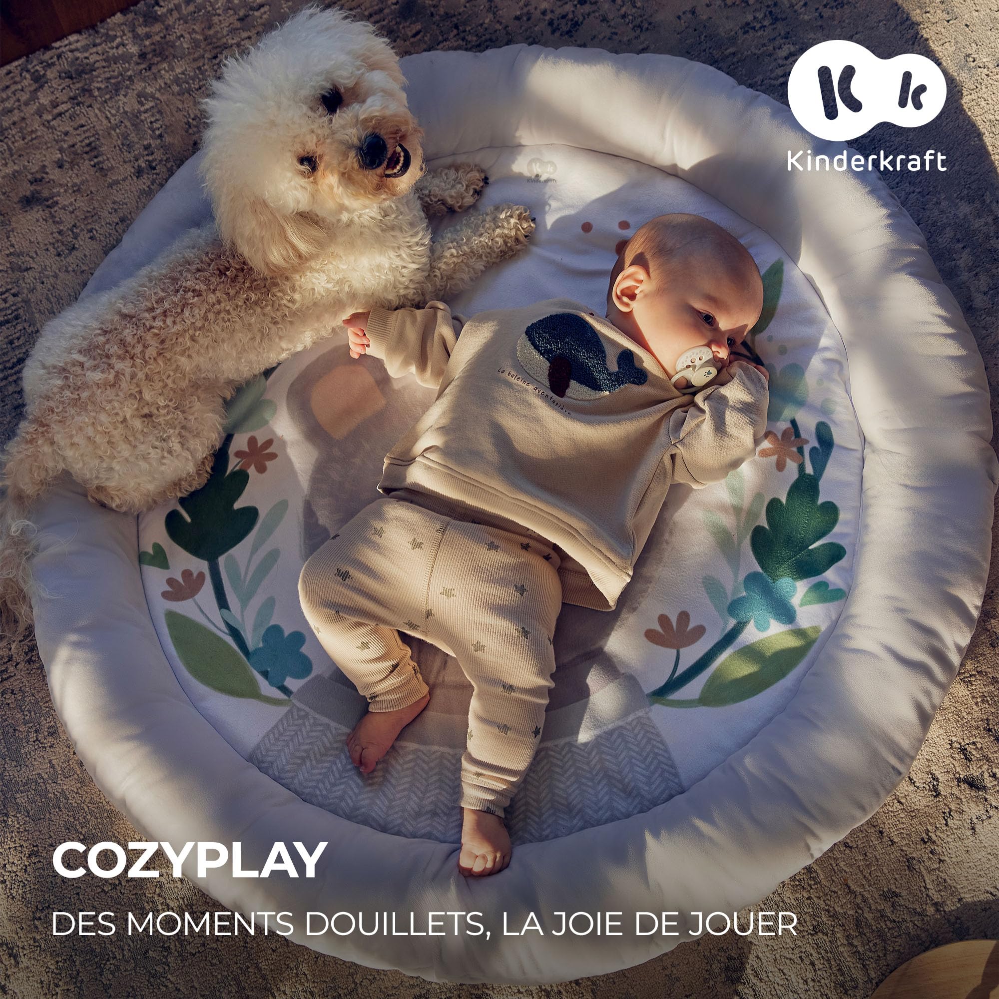 Kinderkraft COZYPLAY Tapis d'Éveil pour Bébé, avec Jouets d'activation, Tapis en Peluche, Lavable en Machine, Facile à Ranger, 2 Arceaux Souples, Gris