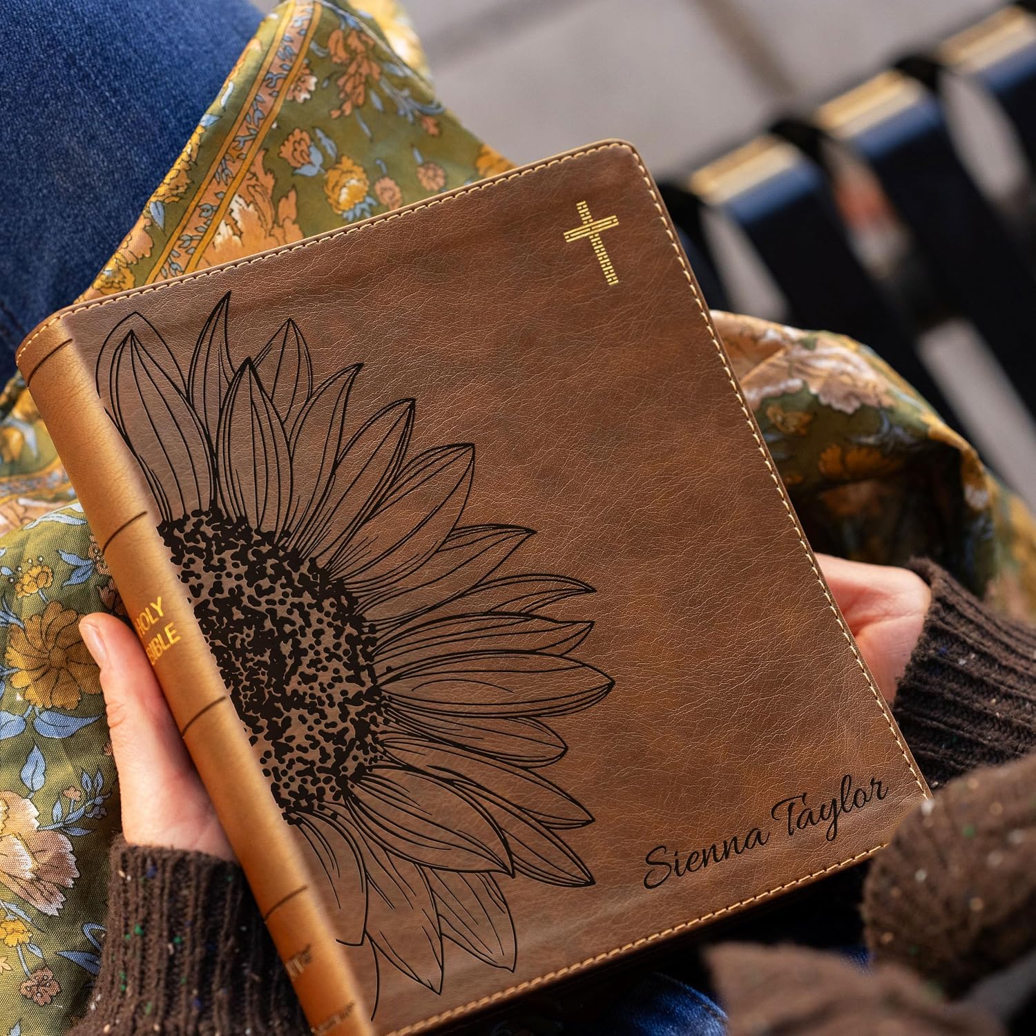 Personalized NIV Journal the Word Bible – Double Column Brown Leathersoft Faux Leather | Custom Name Engraved | Red Letter Comfort Print Edition with Wide Margins for Notes & Reflections (Sunflower Large)