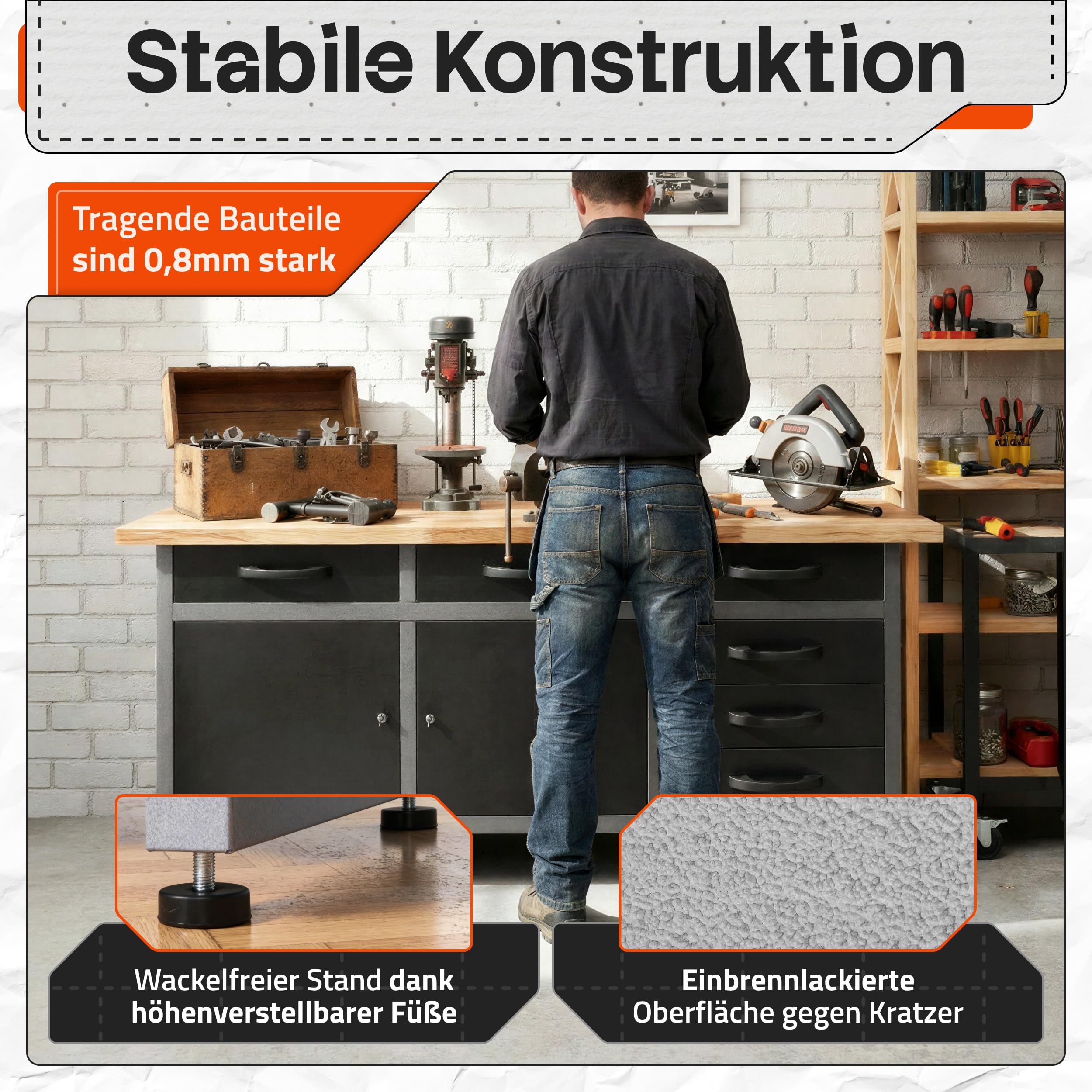 Ondis24 Werkbank Karsten Werktisch Packtisch 6 Schubladen Werkstatteinrichtung 160 x 60 x 85 (H) cm Buchenholzarbeitsplatte, Metall bis 510kg belastbar