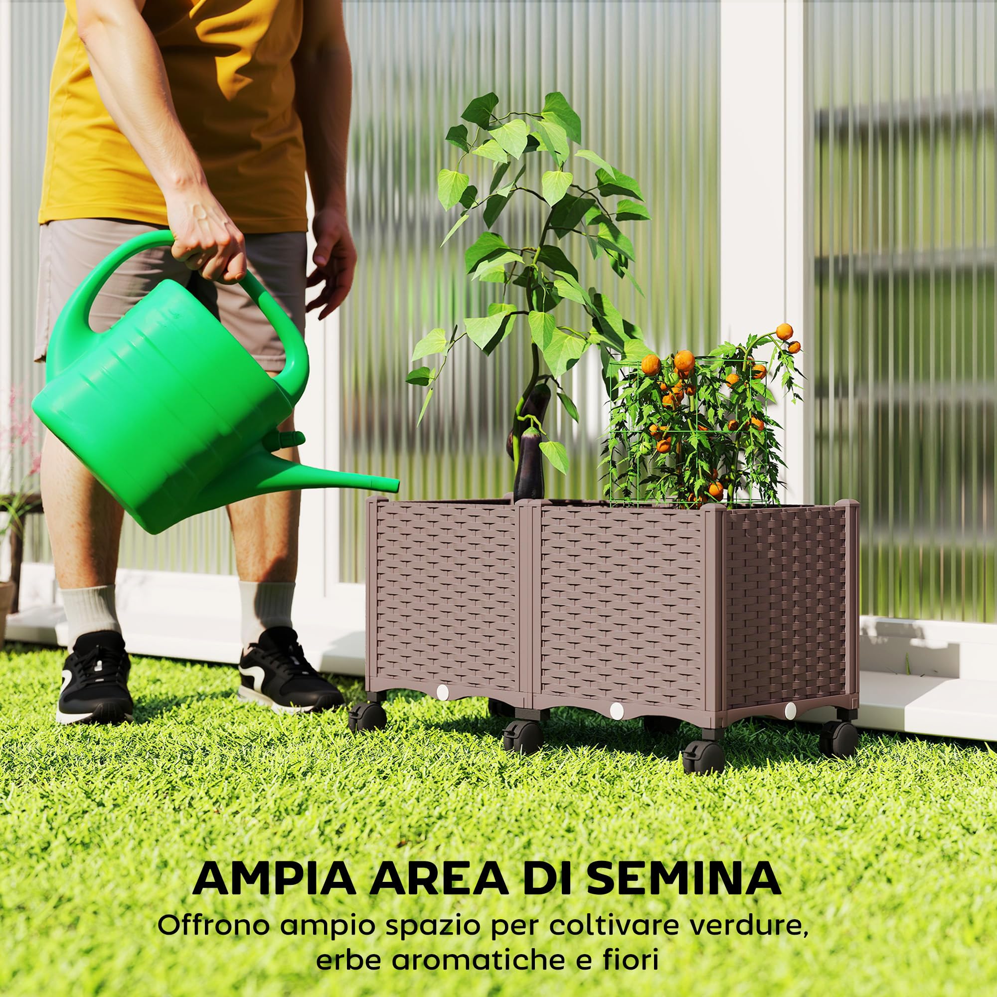 Outsunny Fioriera Rialzata in Plastica 85L, Letto per Orto Rialzato da Esterno con Ruote Bloccabili, Sistema di Autoirrigazione, Fori di Drenaggio, per Piante Rampicanti, Verdure e Fiori, Marrone
